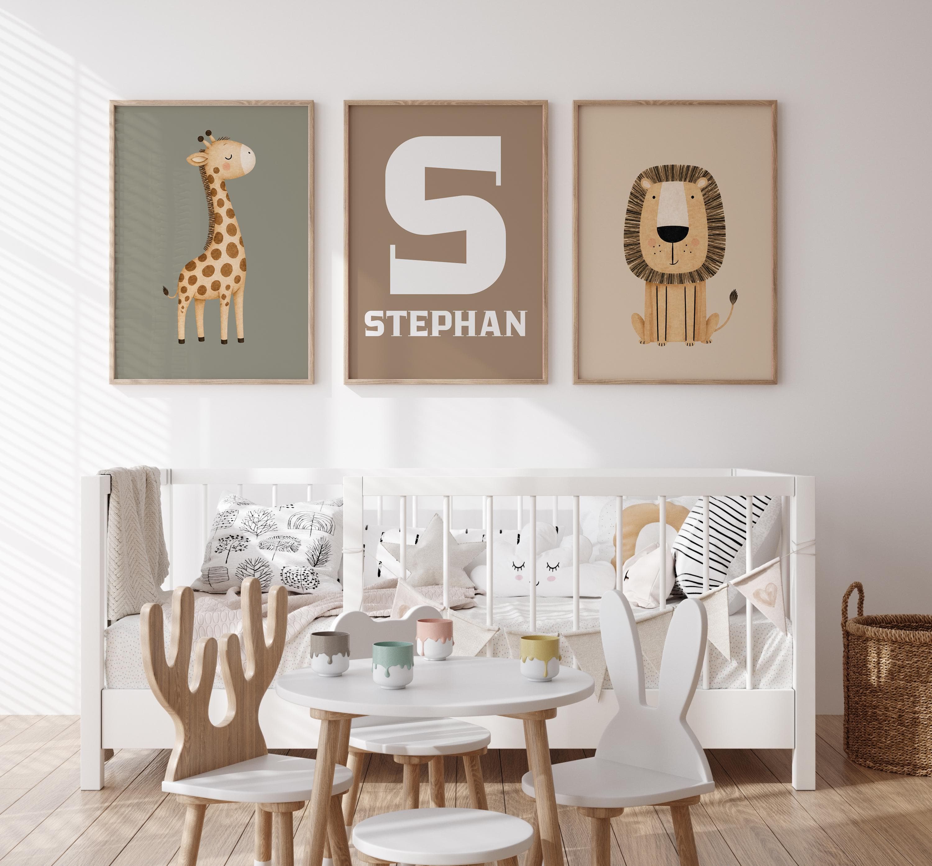 Kids room wall art safari animals set of 3 personalized digital download