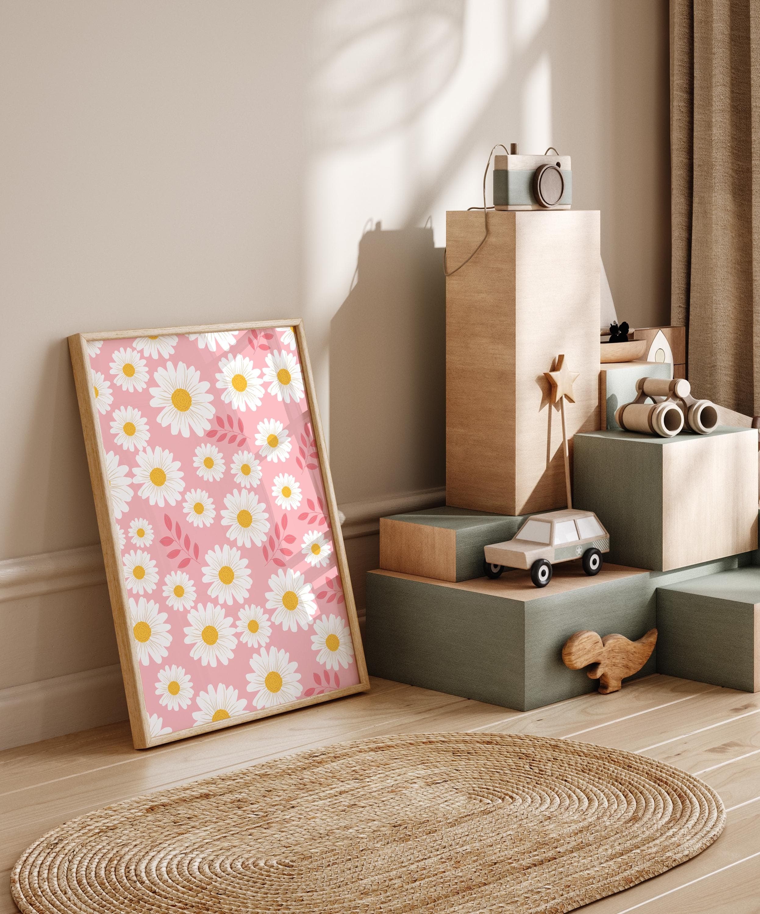 Girls' room decor featuring daisy flowers on pink background.
