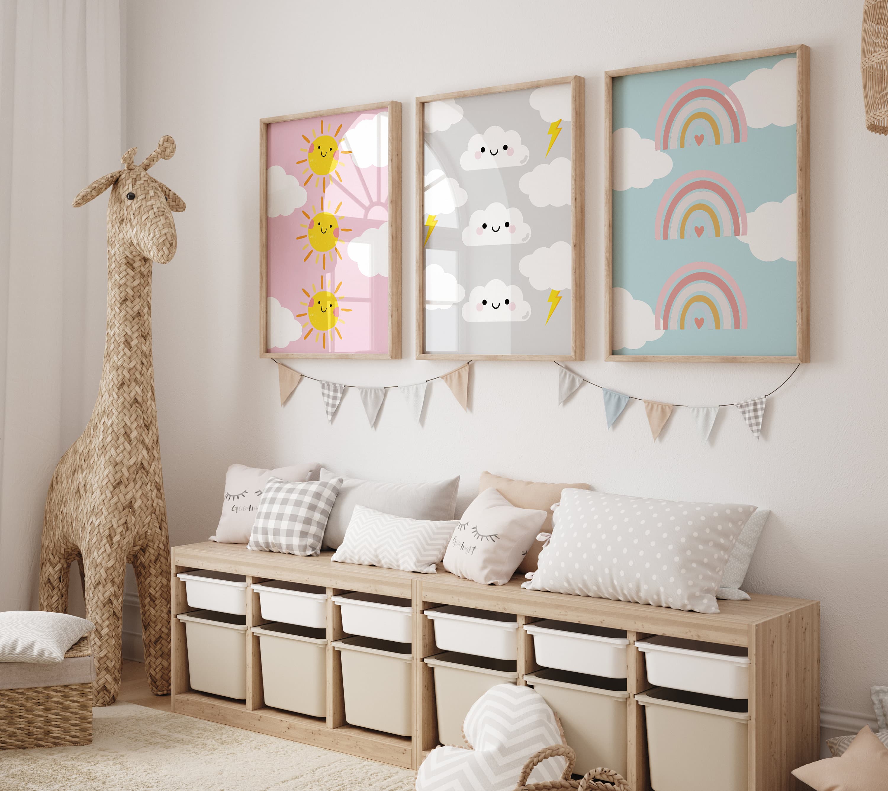 Boho Nursery Decor Set, Weather Theme Wall Art Bundle, Sun Cloud & Rainbow Prints, Printable Play Room Decor, Digital Download