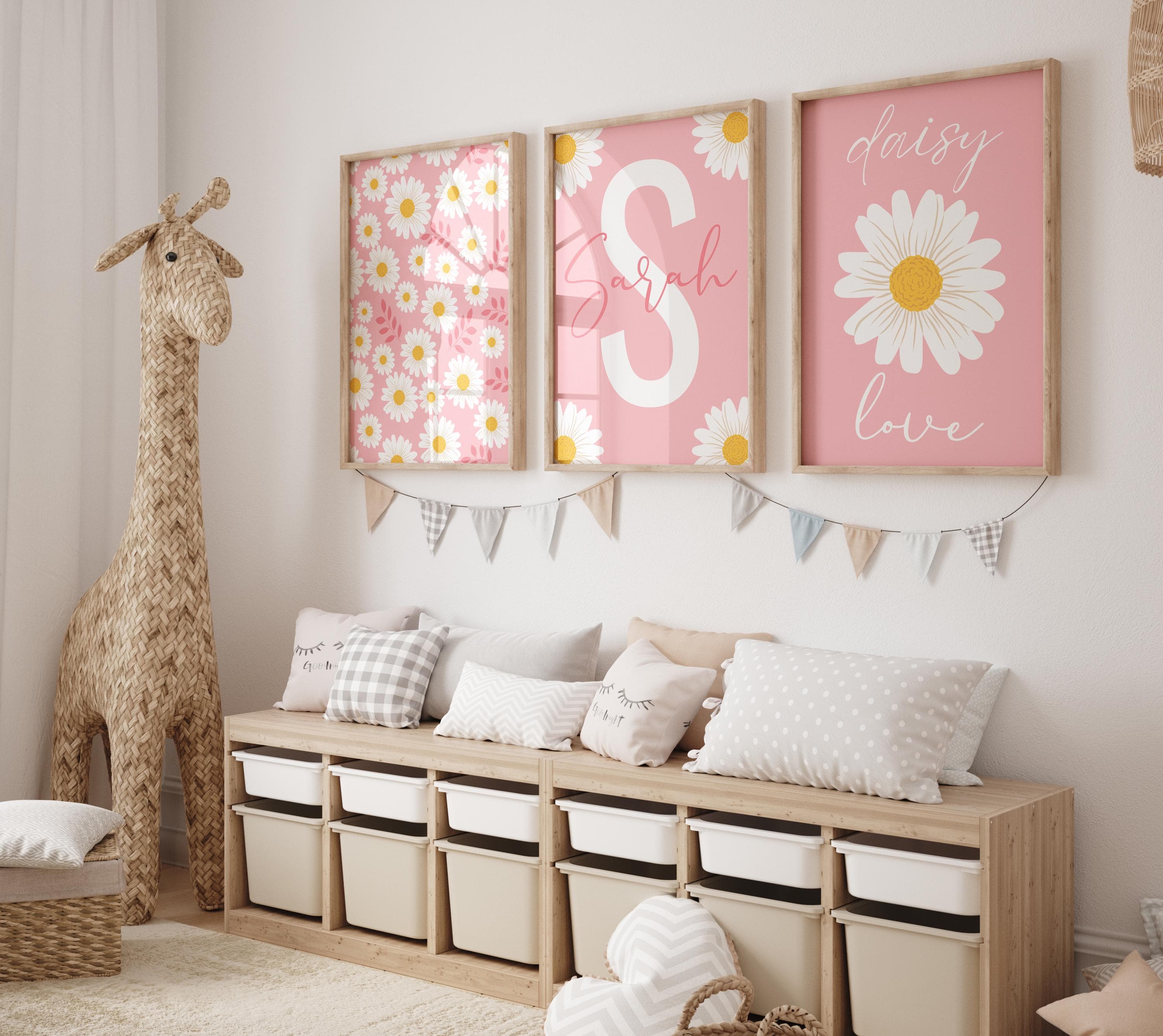 Personalized Pink Daisy Nursery Set of 3 - Custom Name Digital Prints for Baby Room Decor - Personalized Pink Daisy Nursery Set of 3 Digital