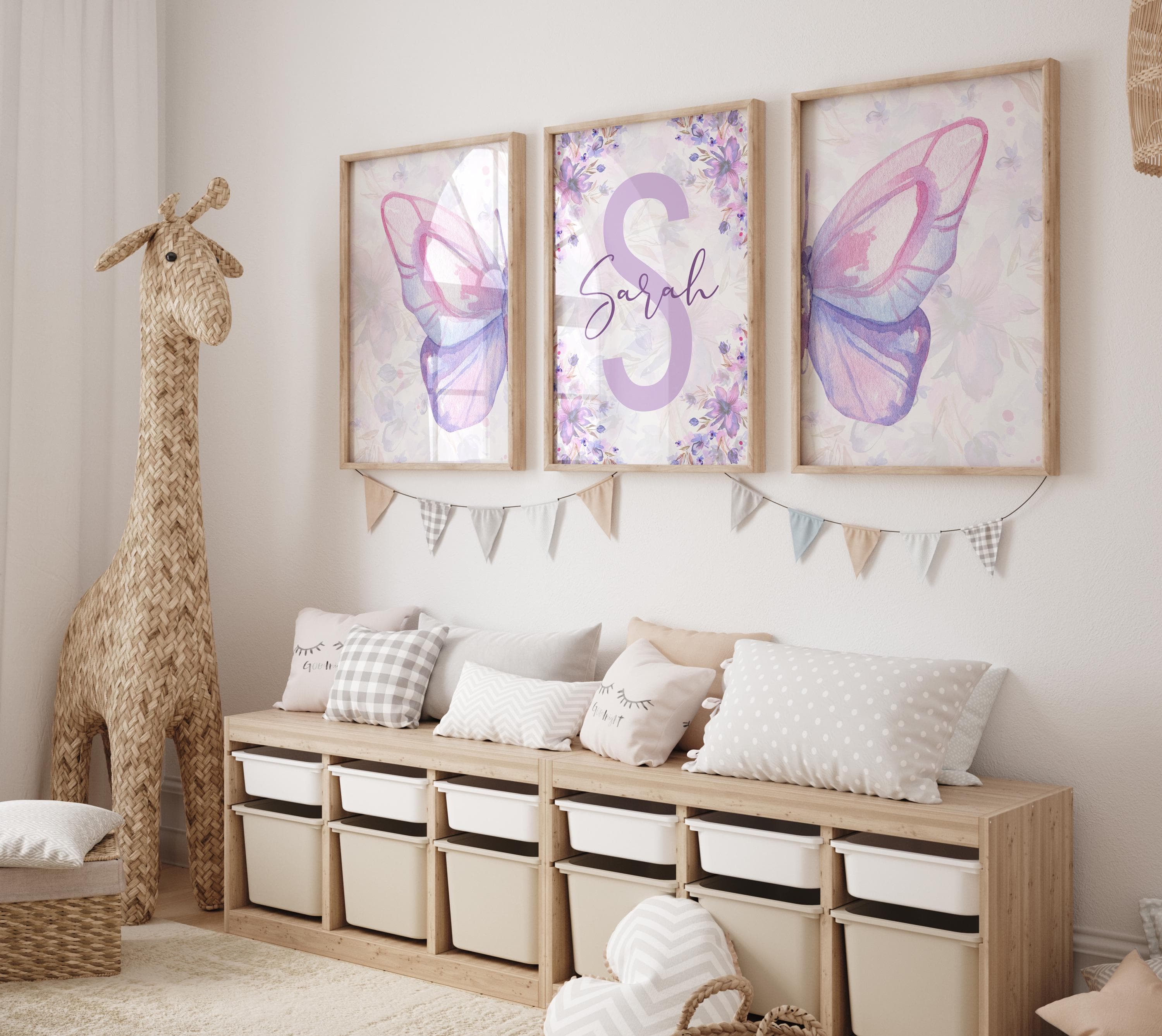 Personalized Watercolor Purple Butterfly Wall Art – Custom Name Nursery & Bedroom Decor – 3-Piece Digital Print Set - Butterfly Nursery Art