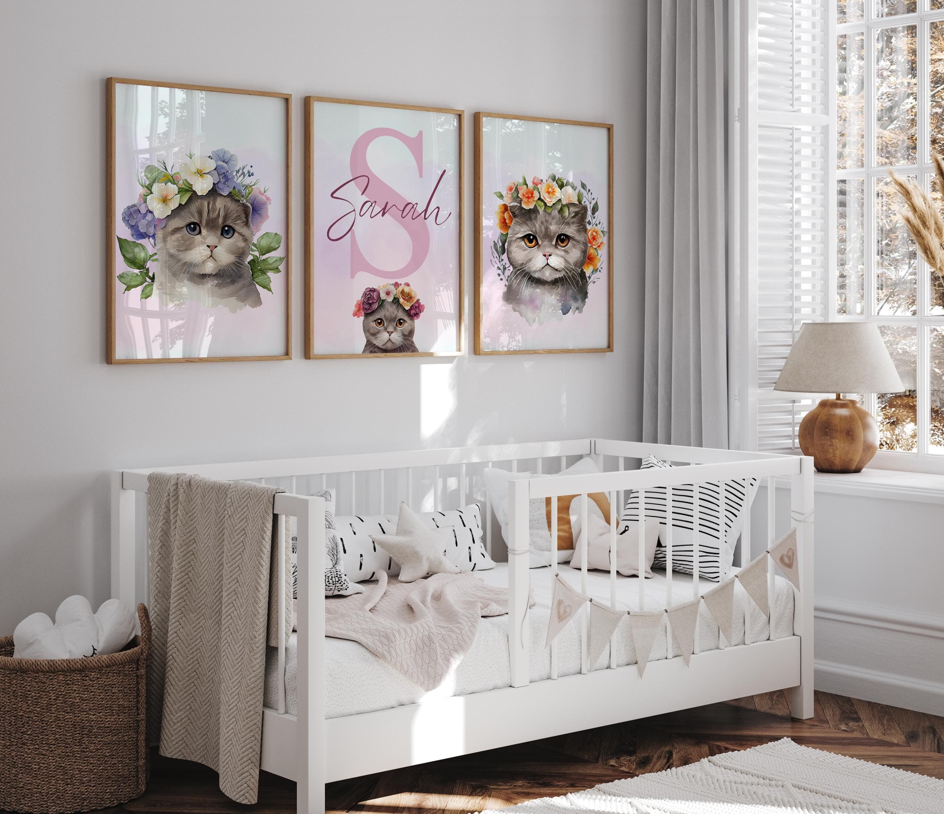 Custom name cat and flower-themed artwork for kids' bedrooms.