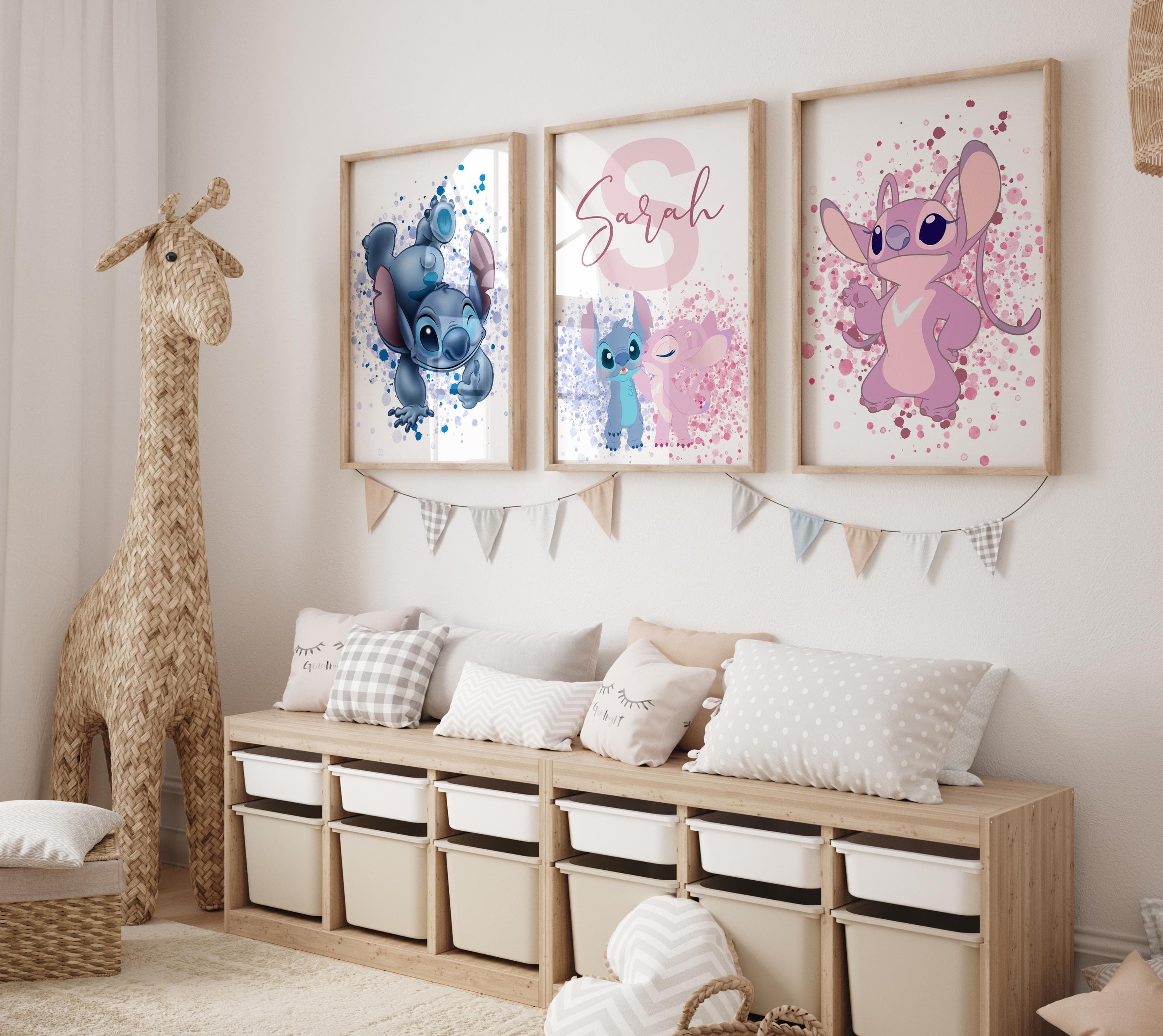 Personalized Lilo & Stitch Nursery Wall Art | Cute Disney Set of 3 | Custom Name Decor for Kids Room - Custom Name Lilo Stitch Nursery Art