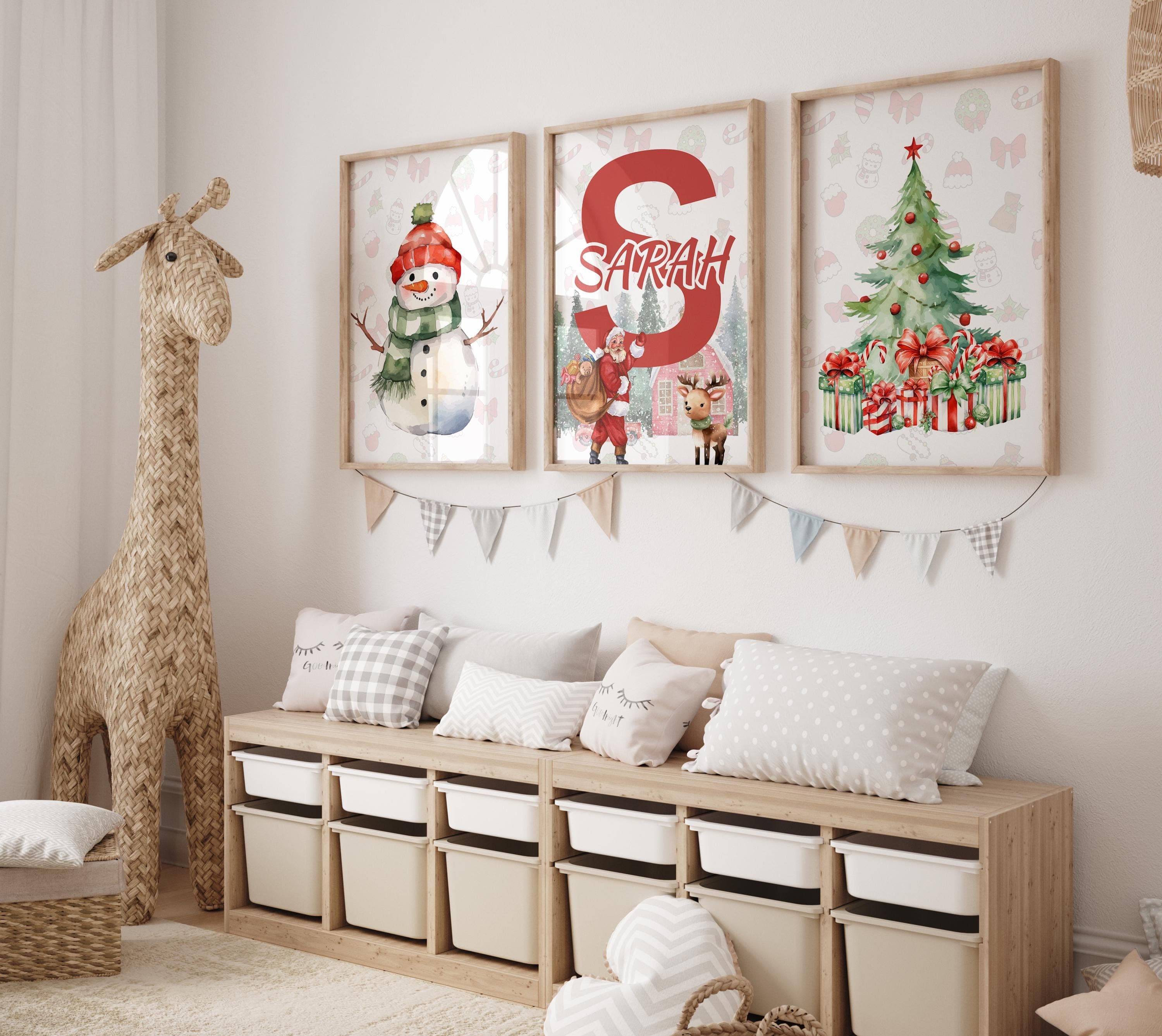 Personalized Christmas Wall Art for Kids - Santa Claus, Snowman & Tree Decor - Xmas Nursery Decor - Custom Name Santa Claus Wall Art - Xmas