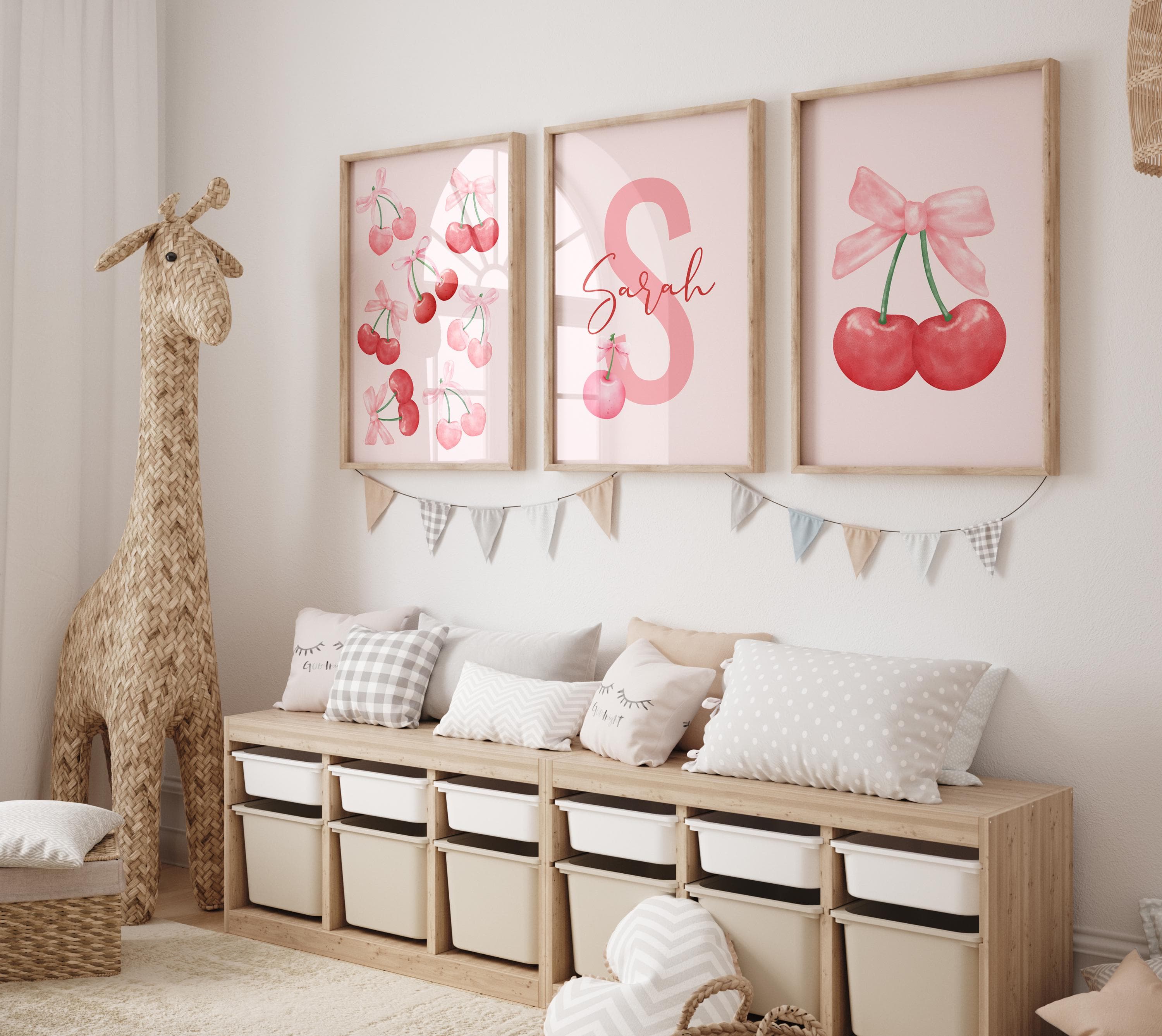 Personalized Set of 3 Cherry and Bow Wall Art for Girls – Pink Watercolor Nursery Prints – Cute Custom Name Decor - Pink Nursery Decor Art