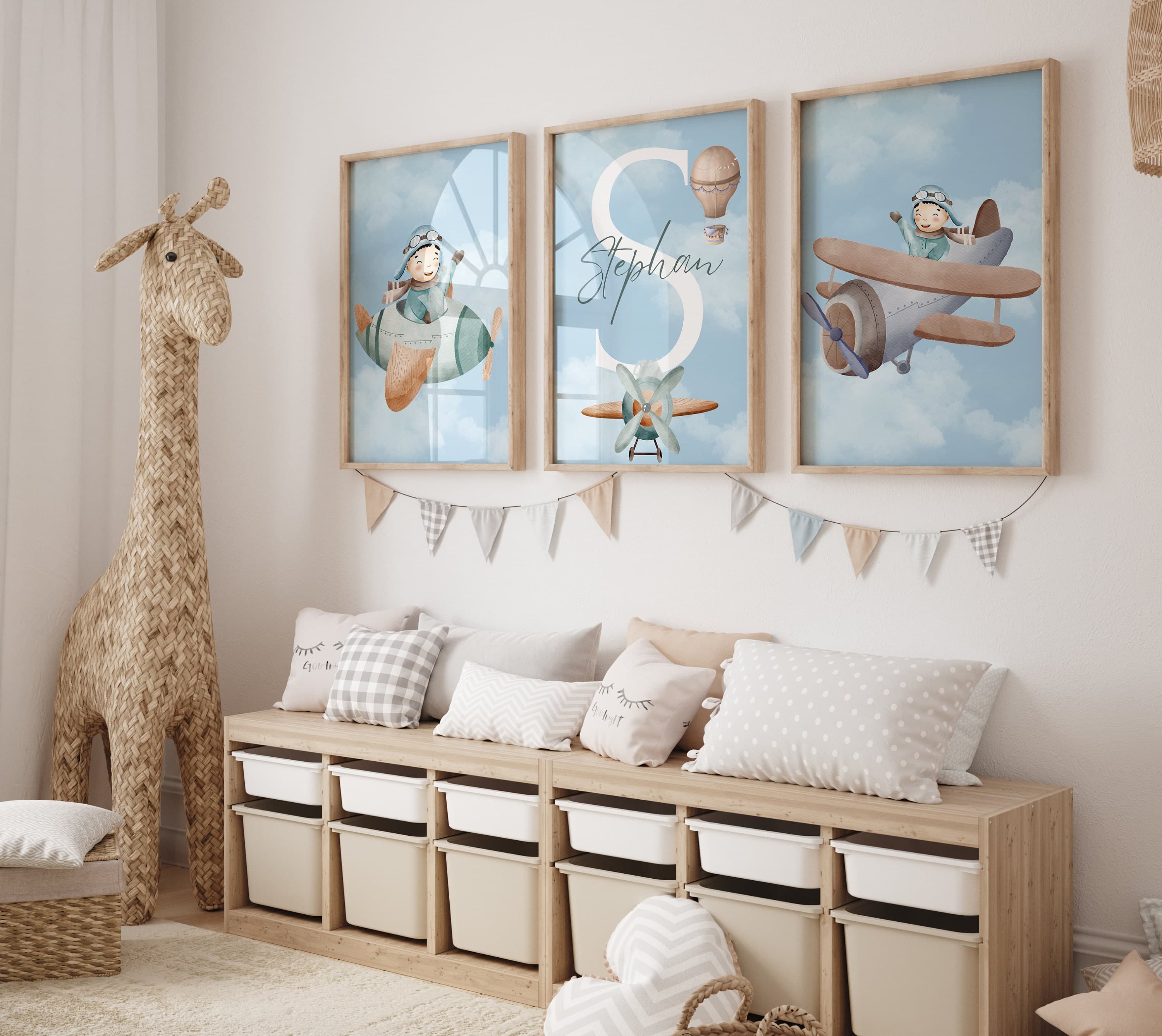 Personalized Airplane Nursery Digital Print, Blue Babyboy Nursery Decor, Airplane Digital Print, Set of 3 Babyboy Nursery Decor, Watercolor