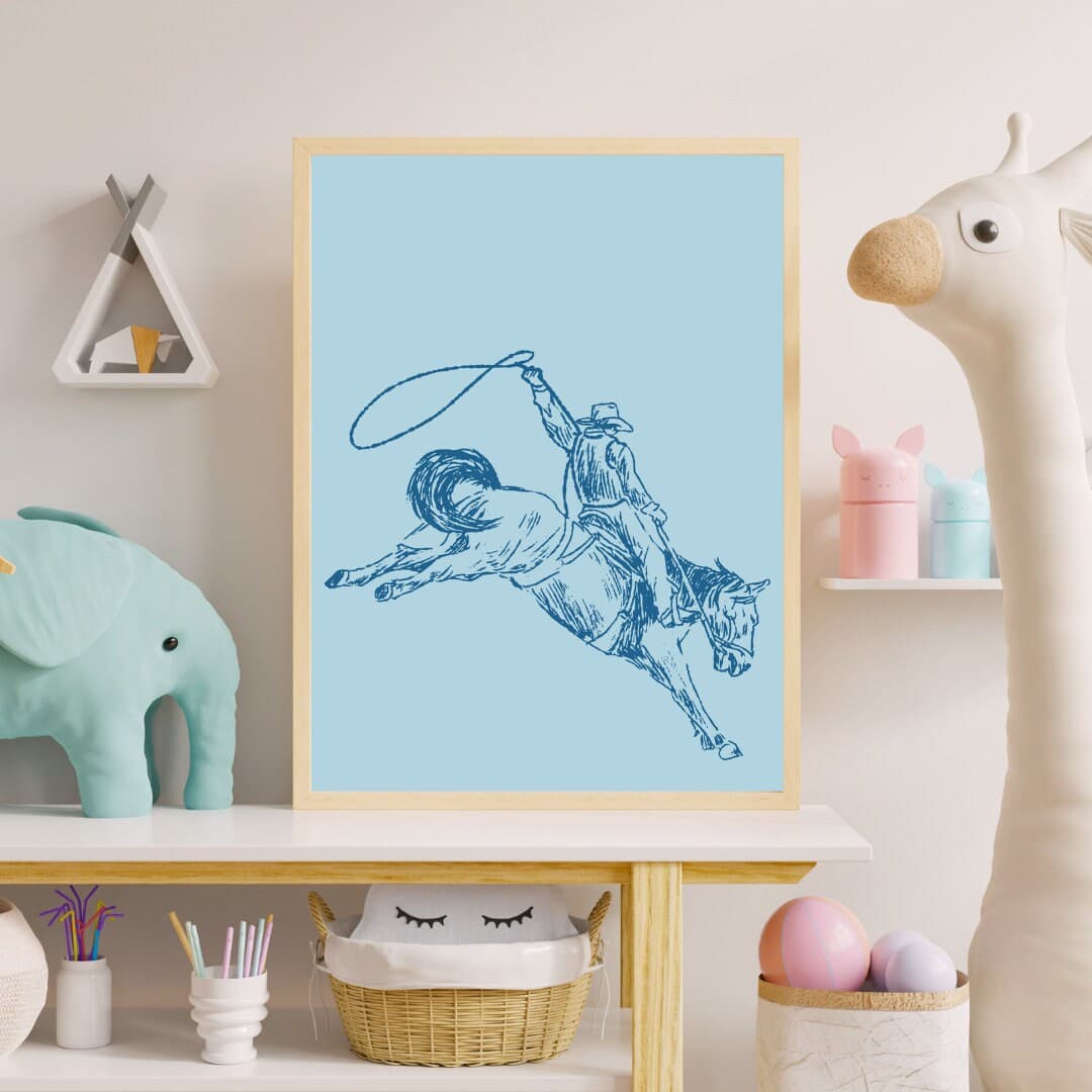 Personalized Cowboy Theme Wall Art Set for Boy's Nursery - Blue Background with Custom Name, Digital Download Printable Decor - Cowboy Art - image 5