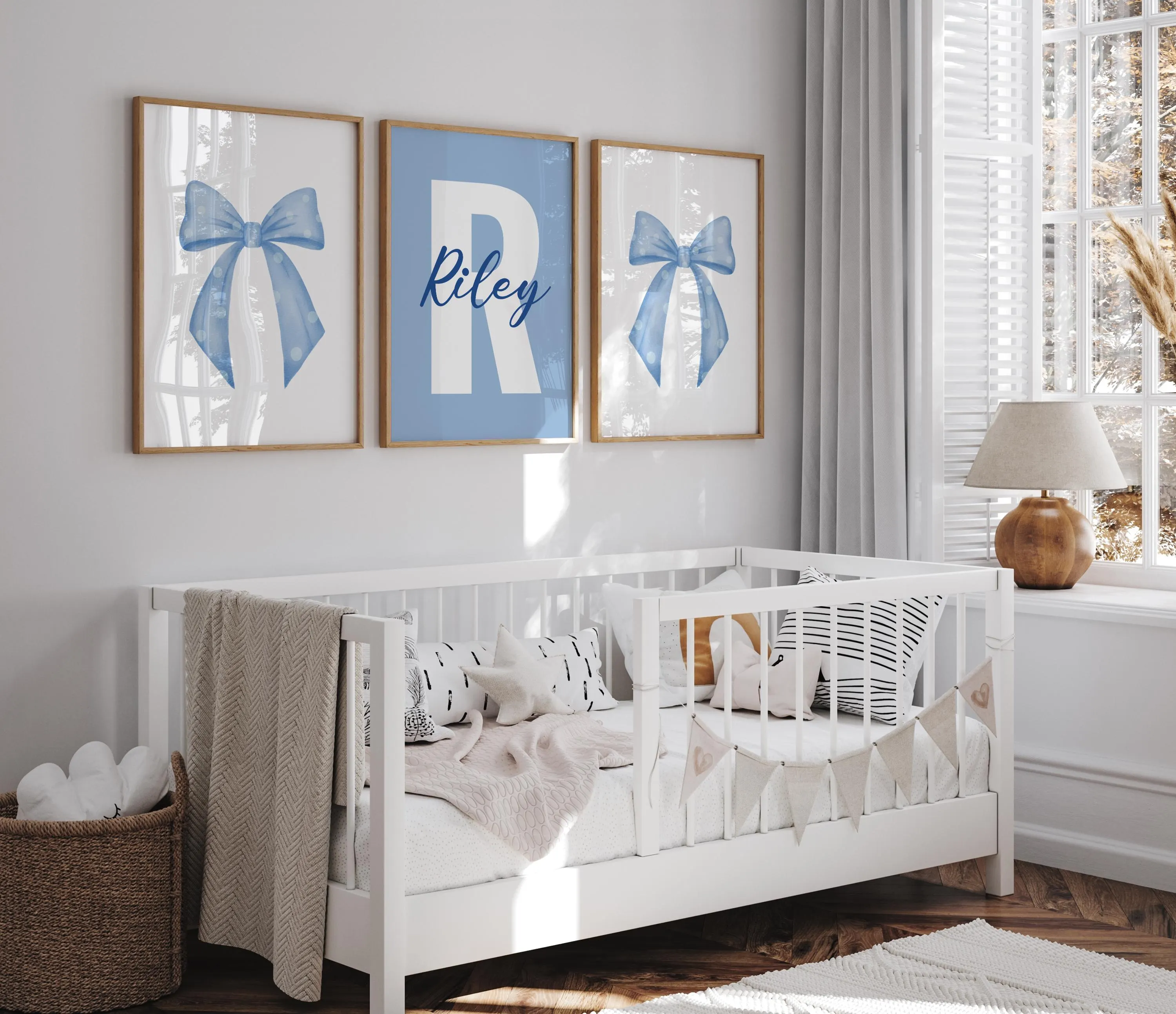 Modern blue bow wall art prints for boys bedroom