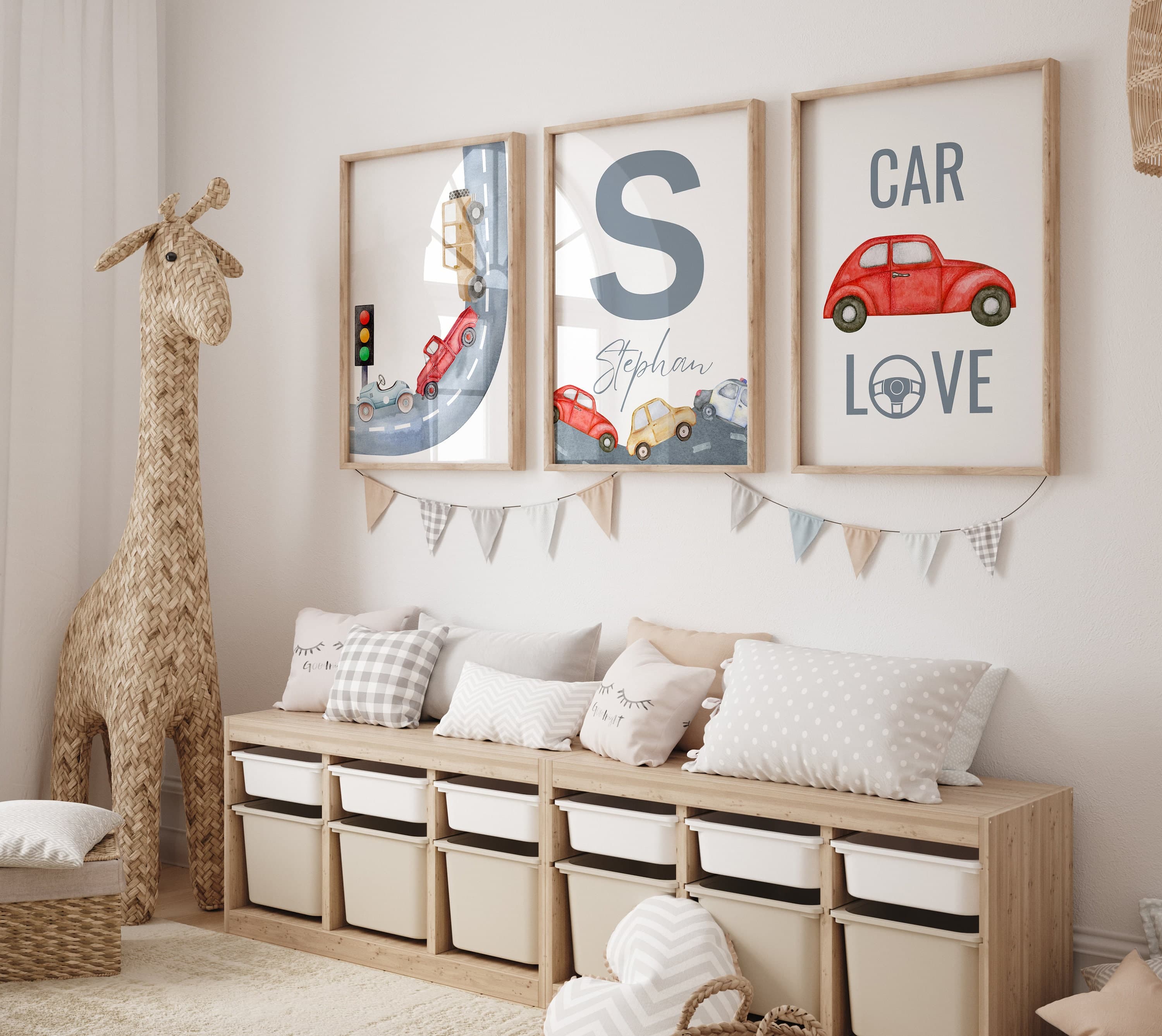 Personalized Car Themed 3-Piece Wall Art Set for Boy's Room | Custom Name Canvas Prints | Kids Bedroom Decor | Unique Gift Idea | Digital