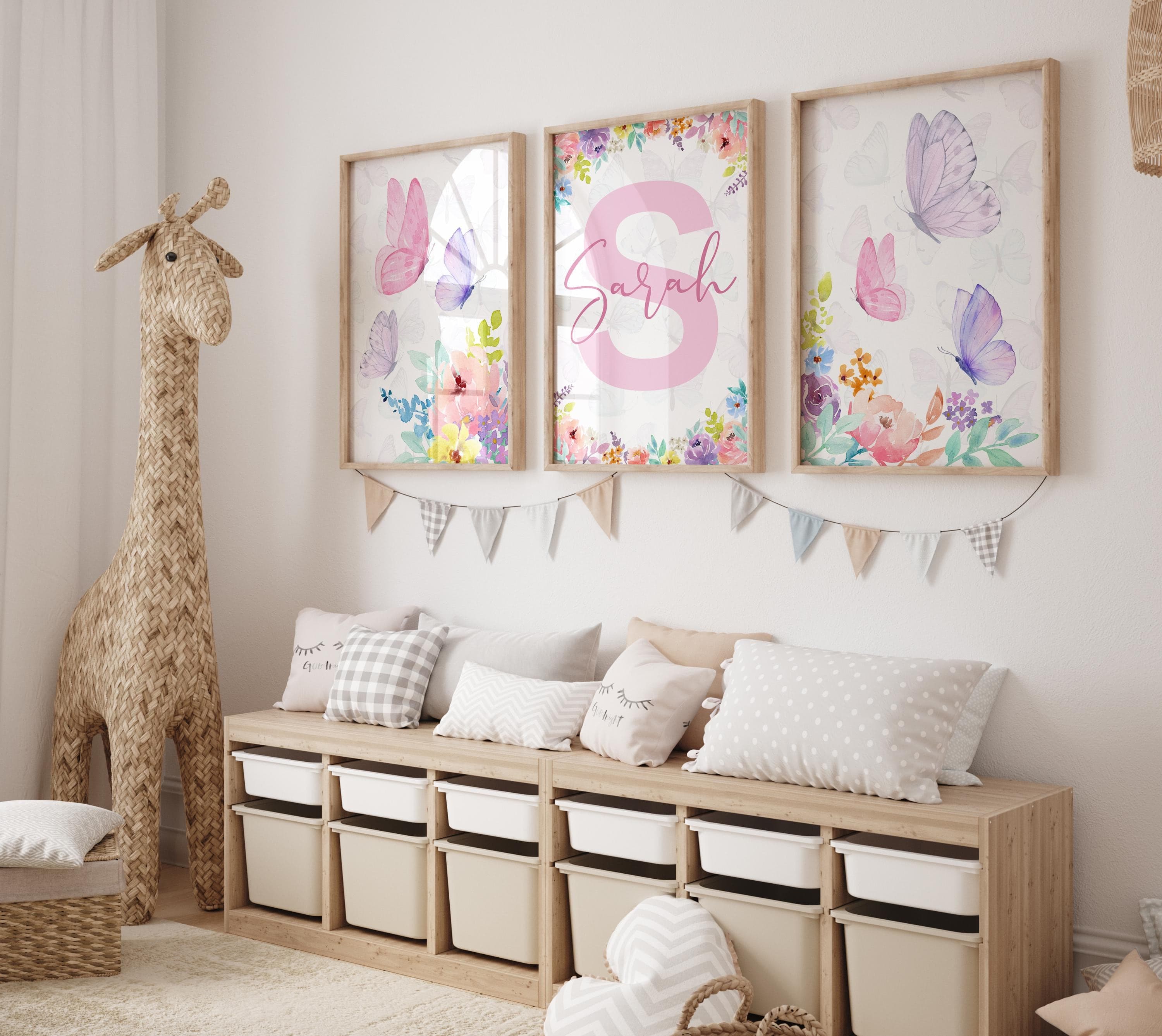 Watercolor Butterfly and Flower Wall Art Set of 3 – Baby Girl Room Decor – Custom Name Nursery Prints – Digital Download - Floral Nursery