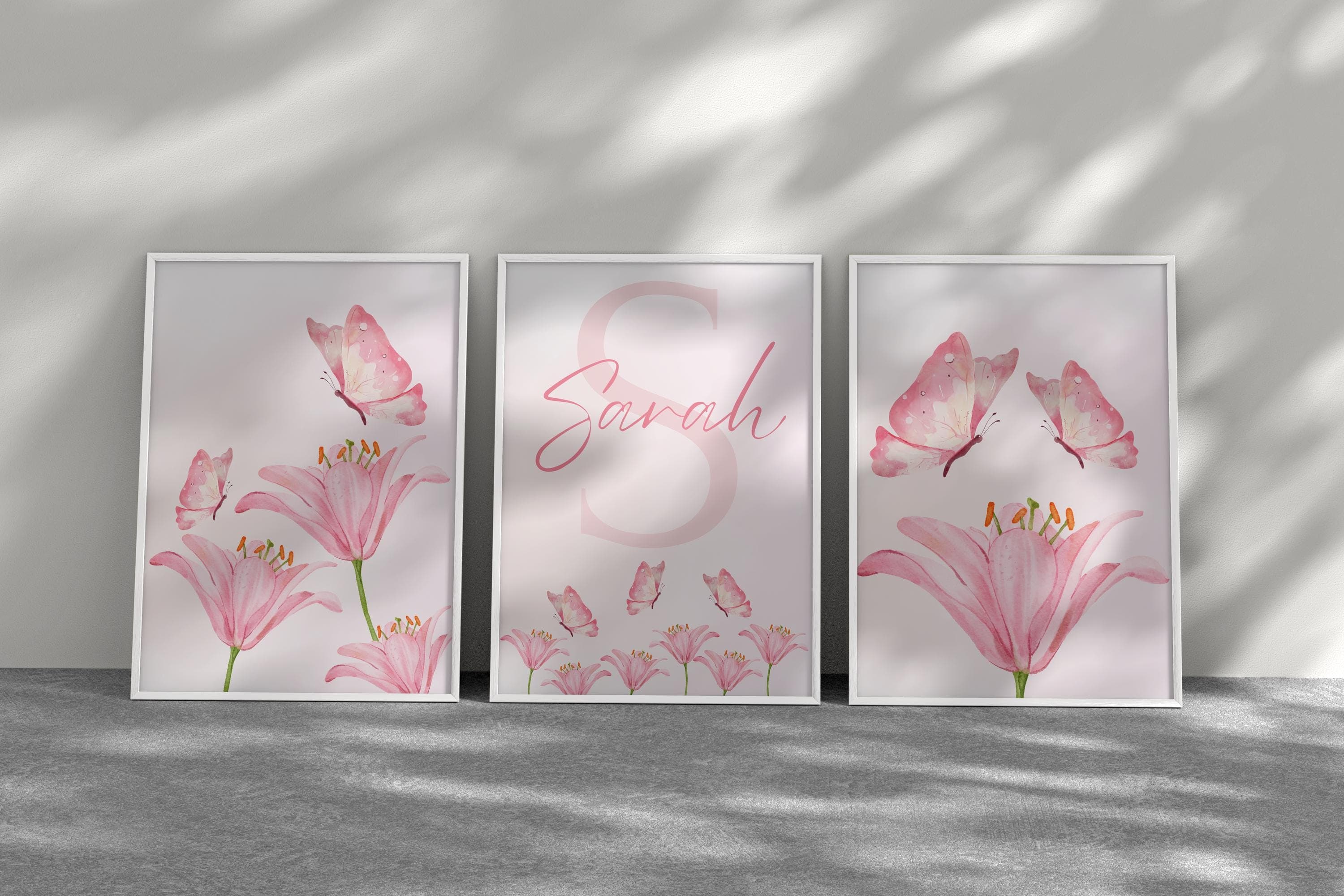 Personalized 3-Piece Pink Watercolor Butterfly & Flower Art Set for Girls' Room - Custom Digital Download - Floral Butterfly Nursery Decor - image 3