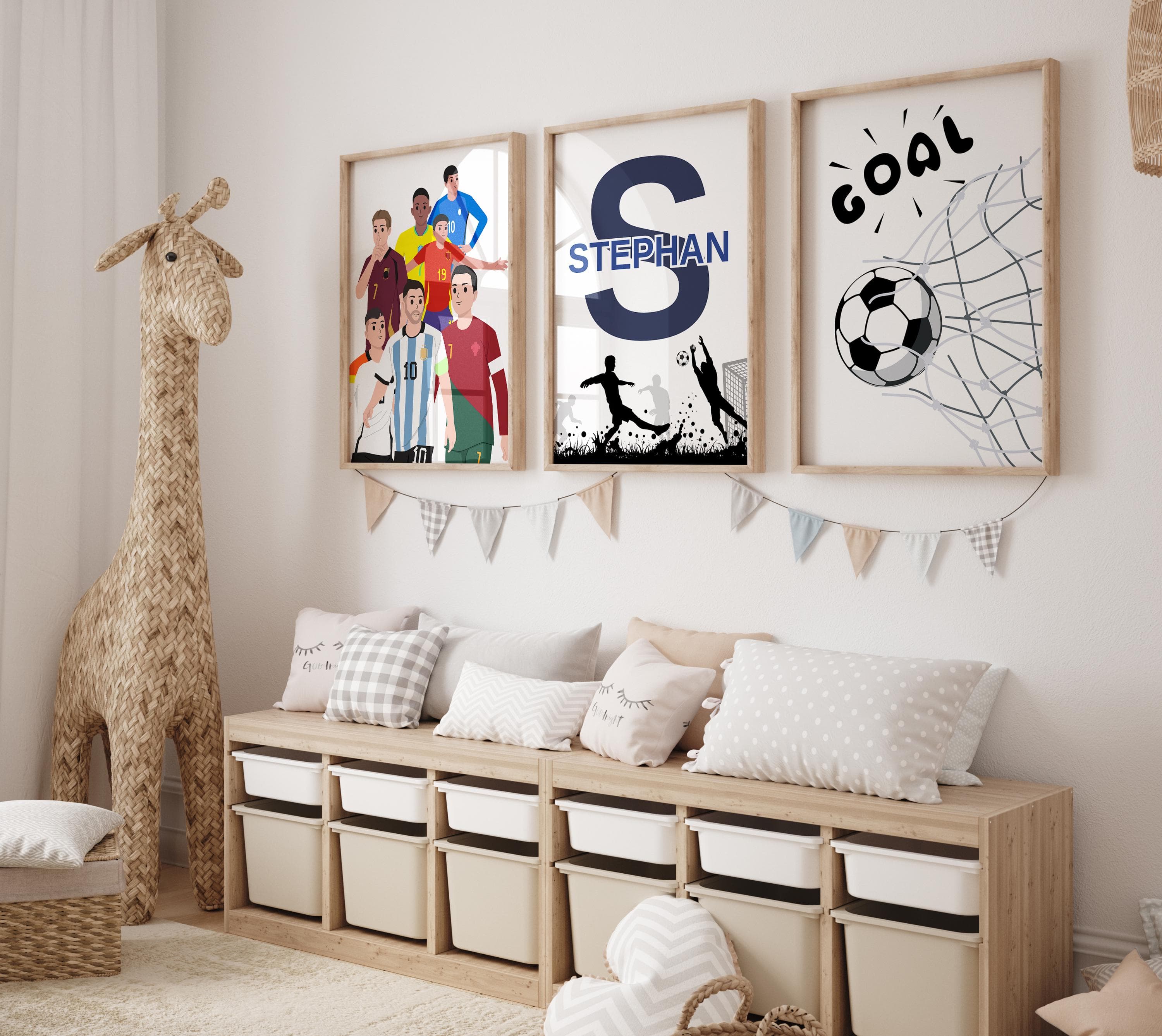 3-piece soccer-themed digital prints for kids rooms