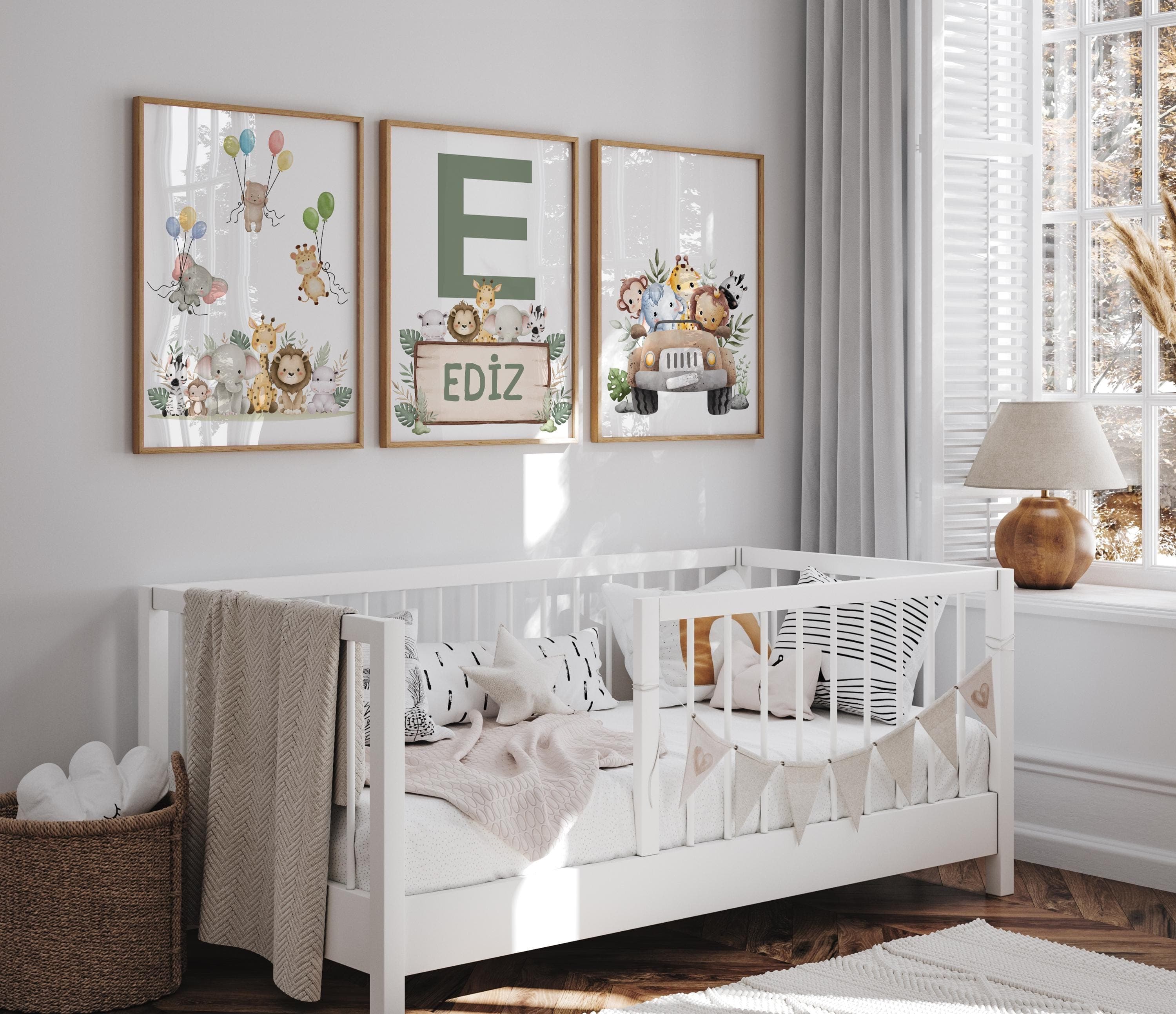 Jungle animals and adventure-themed wall decor for boys.