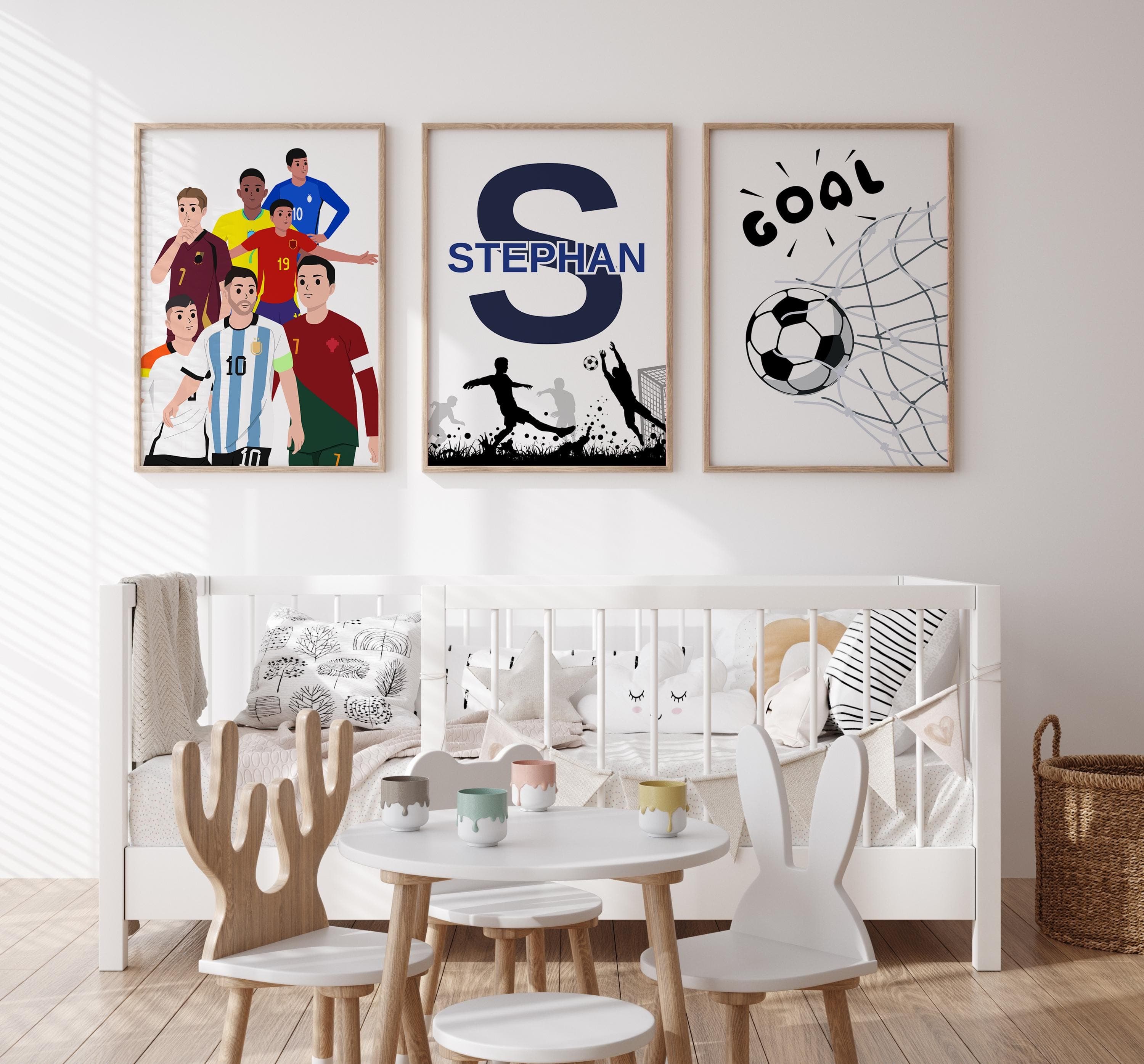 Boys room soccer decor with Ronaldo and Messi design