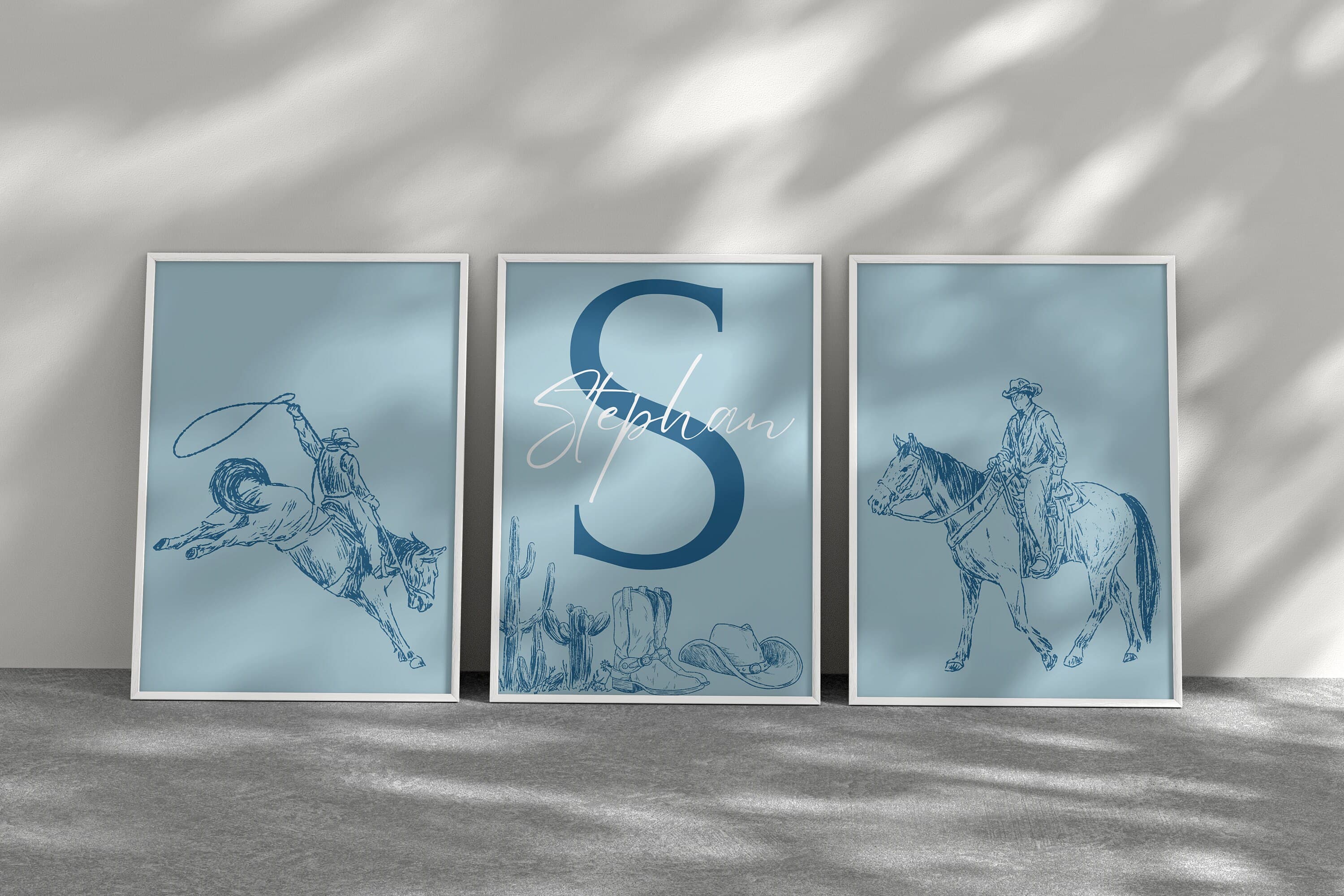 Personalized Cowboy Theme Wall Art Set for Boy's Nursery - Blue Background with Custom Name, Digital Download Printable Decor - Cowboy Art - image 3