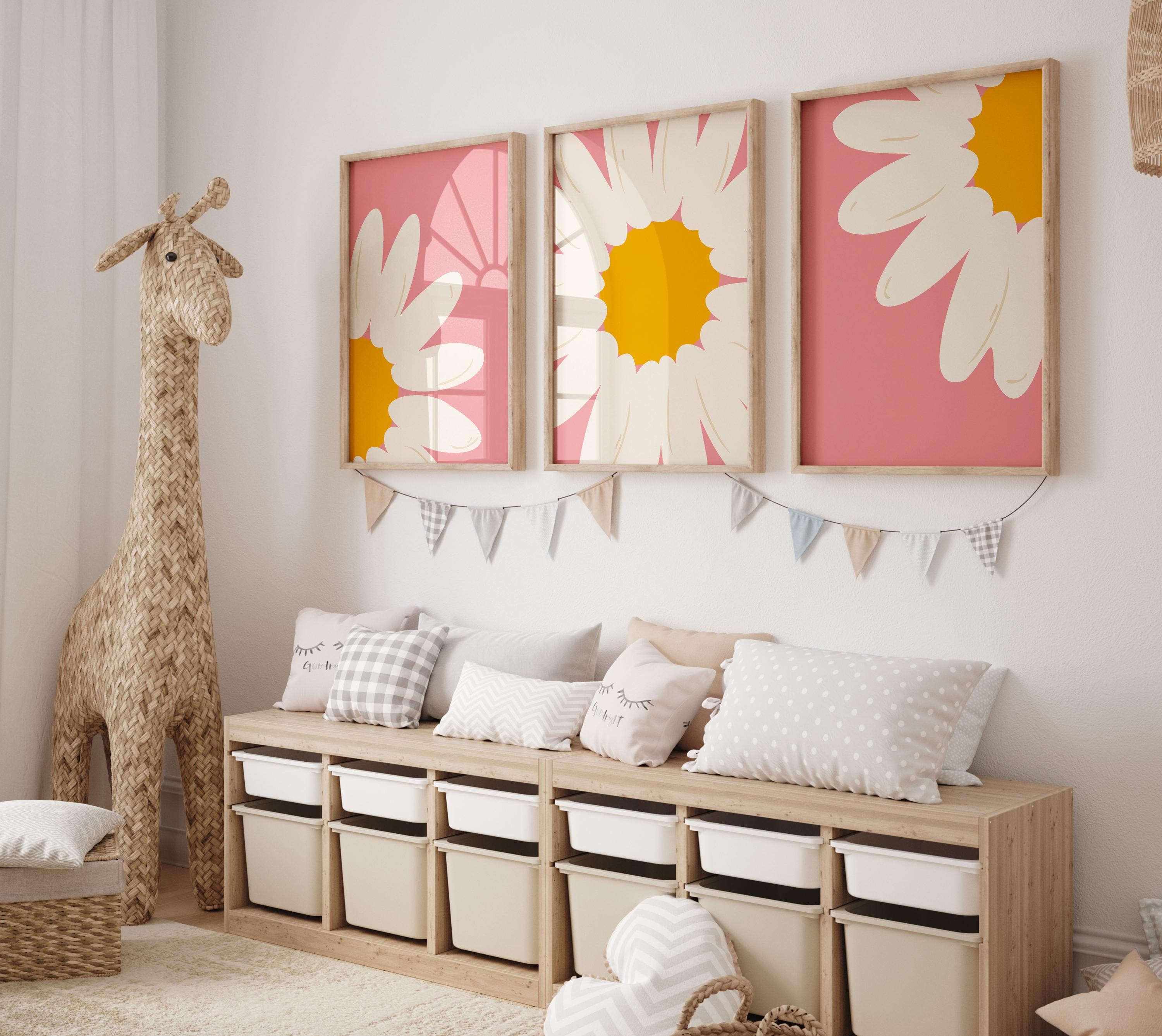 Pink Daisy Wall Art Set for Girls – Watercolor Flower Nursery Decor – 3 Piece Digital Download – Floral Baby Room Poster Printable - image 3