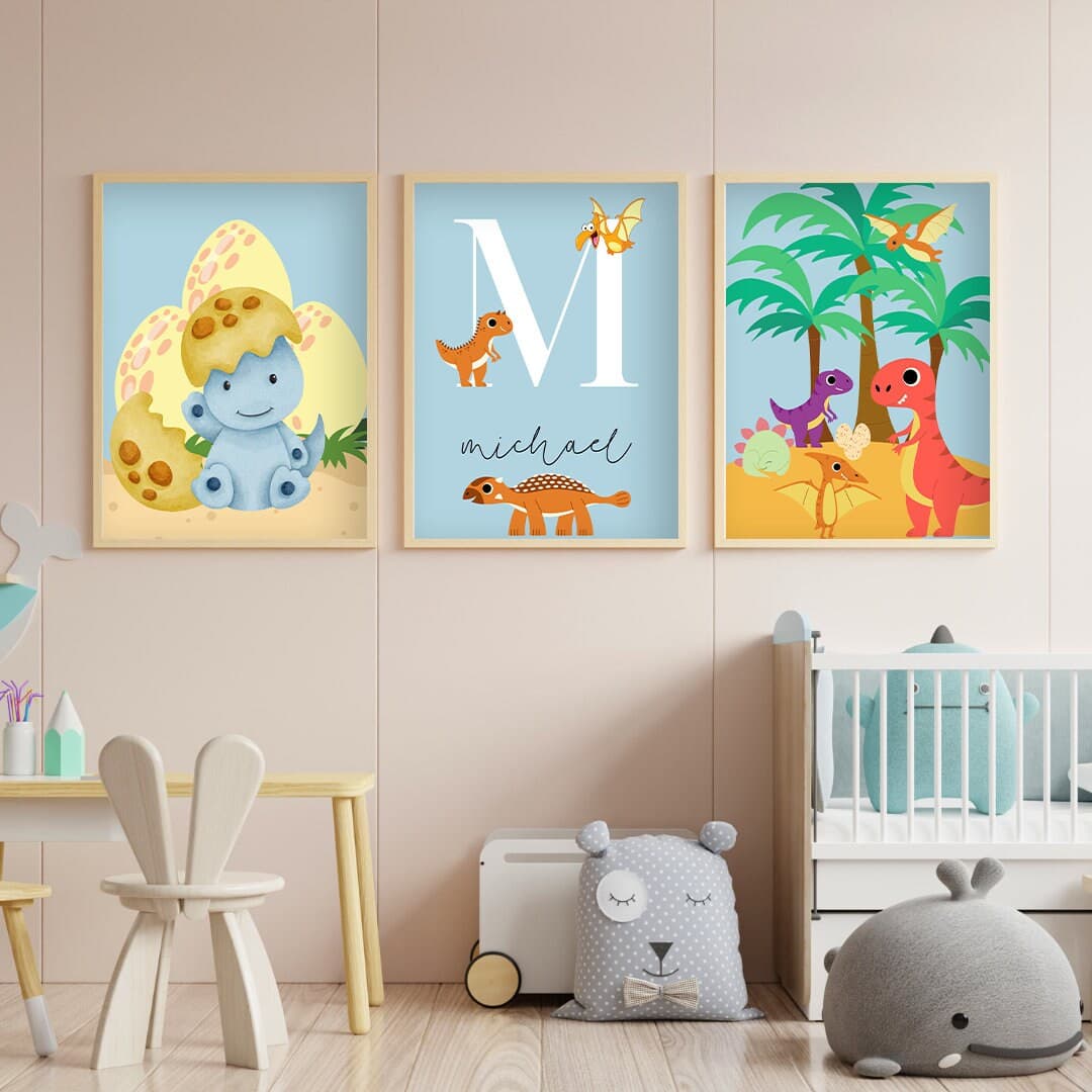 Custom Dino Nursery Decor, Baby Boy Blue Bedroom Art, Personalized Name Sign, Dinosaur Digital Print, Kids Room Wall Art - image 3