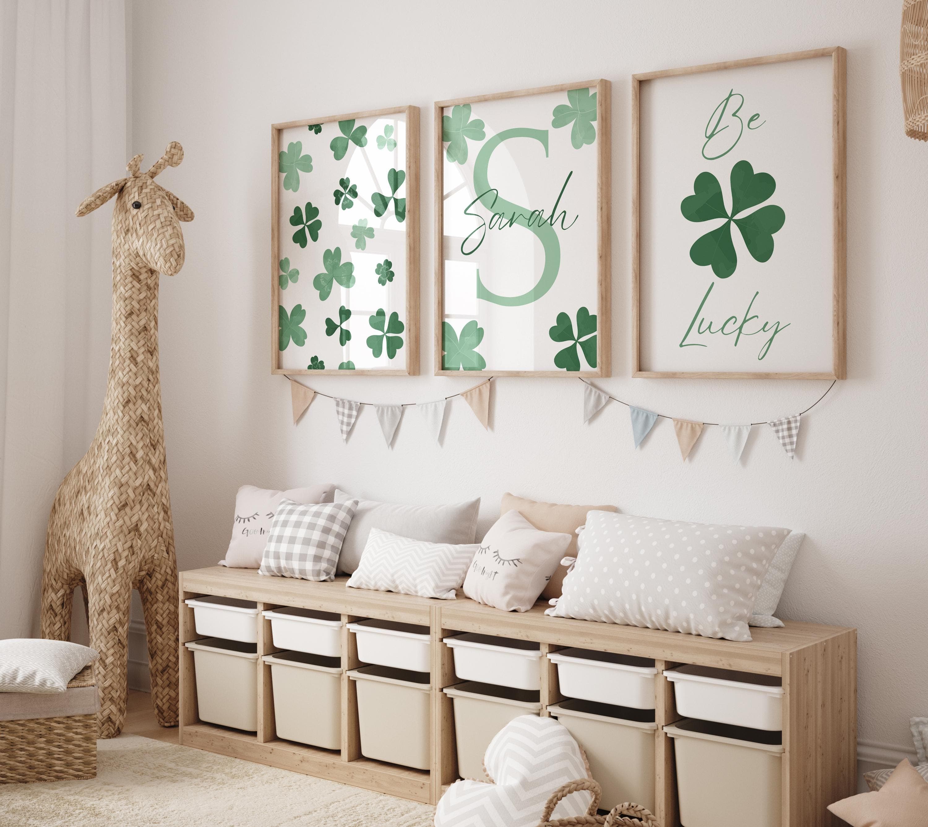 Personalized 4-Leaf Clover Nursery Wall Art – Green Clover Themed 3-Piece Set – Custom Name Print – Kids Room Décor – Digital Download