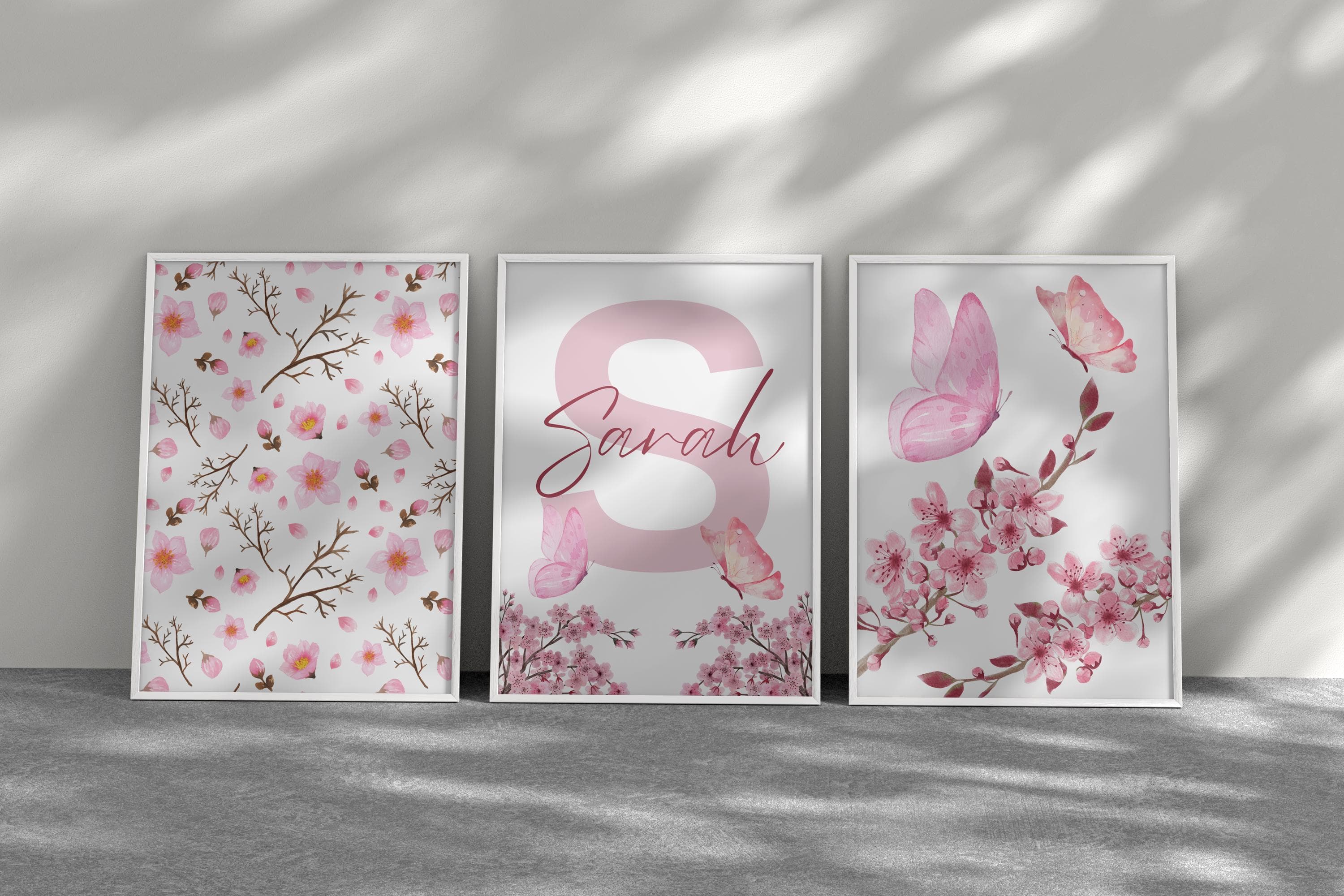 Personalized Cherry Blossom Wall Art Set - Pink Floral Decor for Girl's Room, Custom Name Nursery Prints,  Butterfly and Flower Nursery Art - image 3