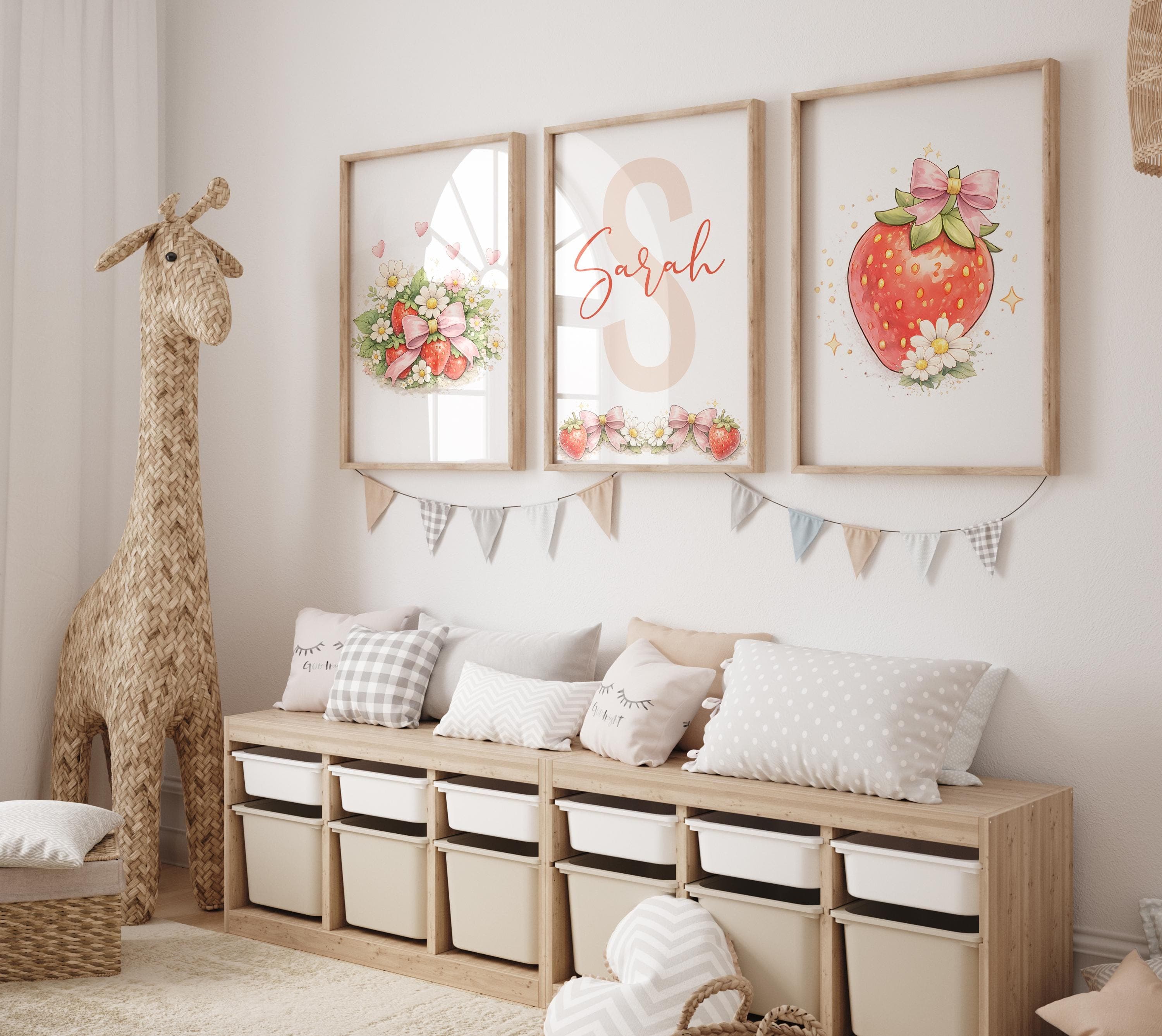 Personalized Strawberry Bow Daisy Wall Art • Pink Floral Nursery Prints • 3 Piece Girl Room Decor • Custom Name Printable Set