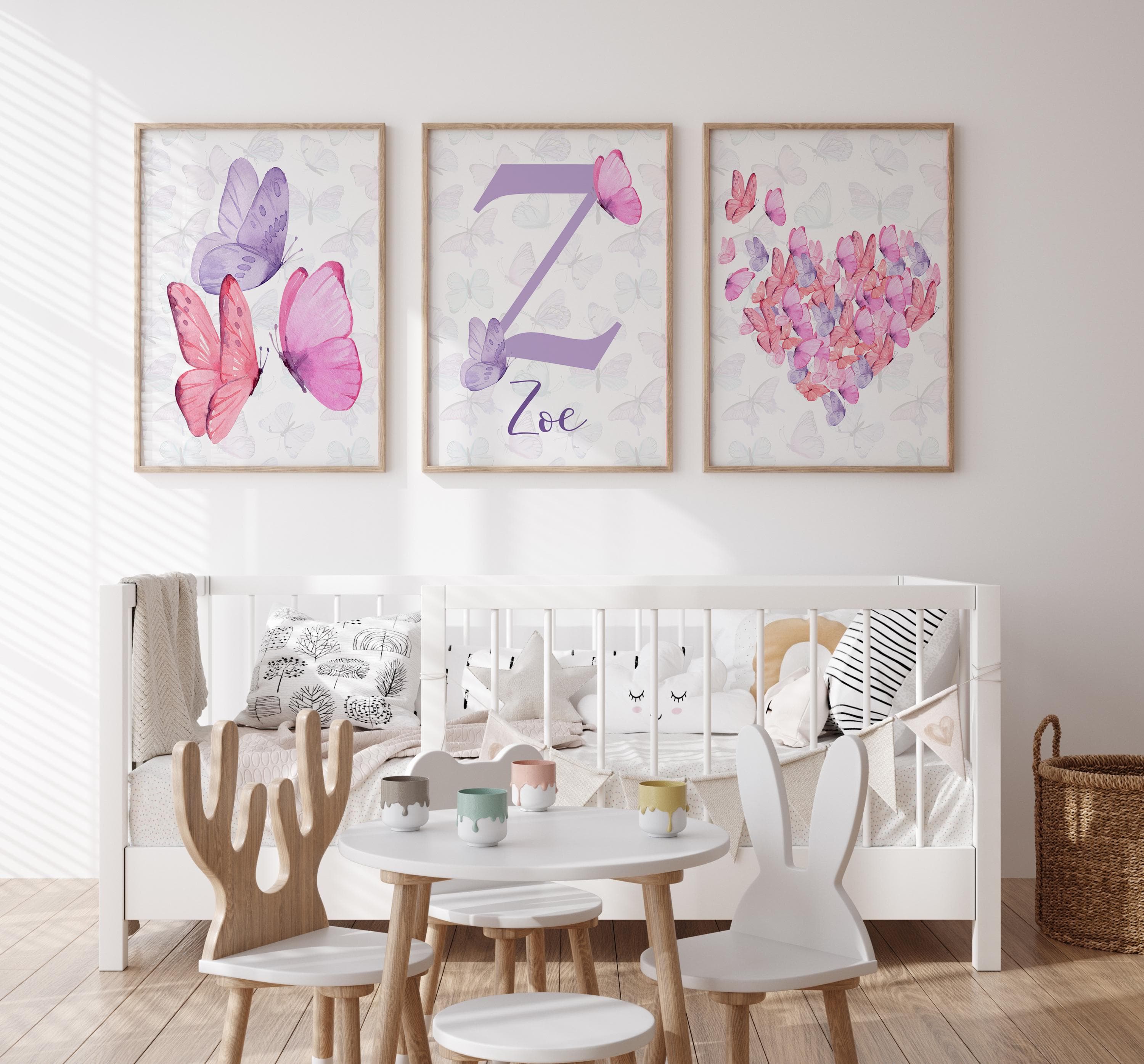 Personalized butterfly wall art set, custom name nursery decor for girls room, pastel butterfly theme printable, 3-piece digital design