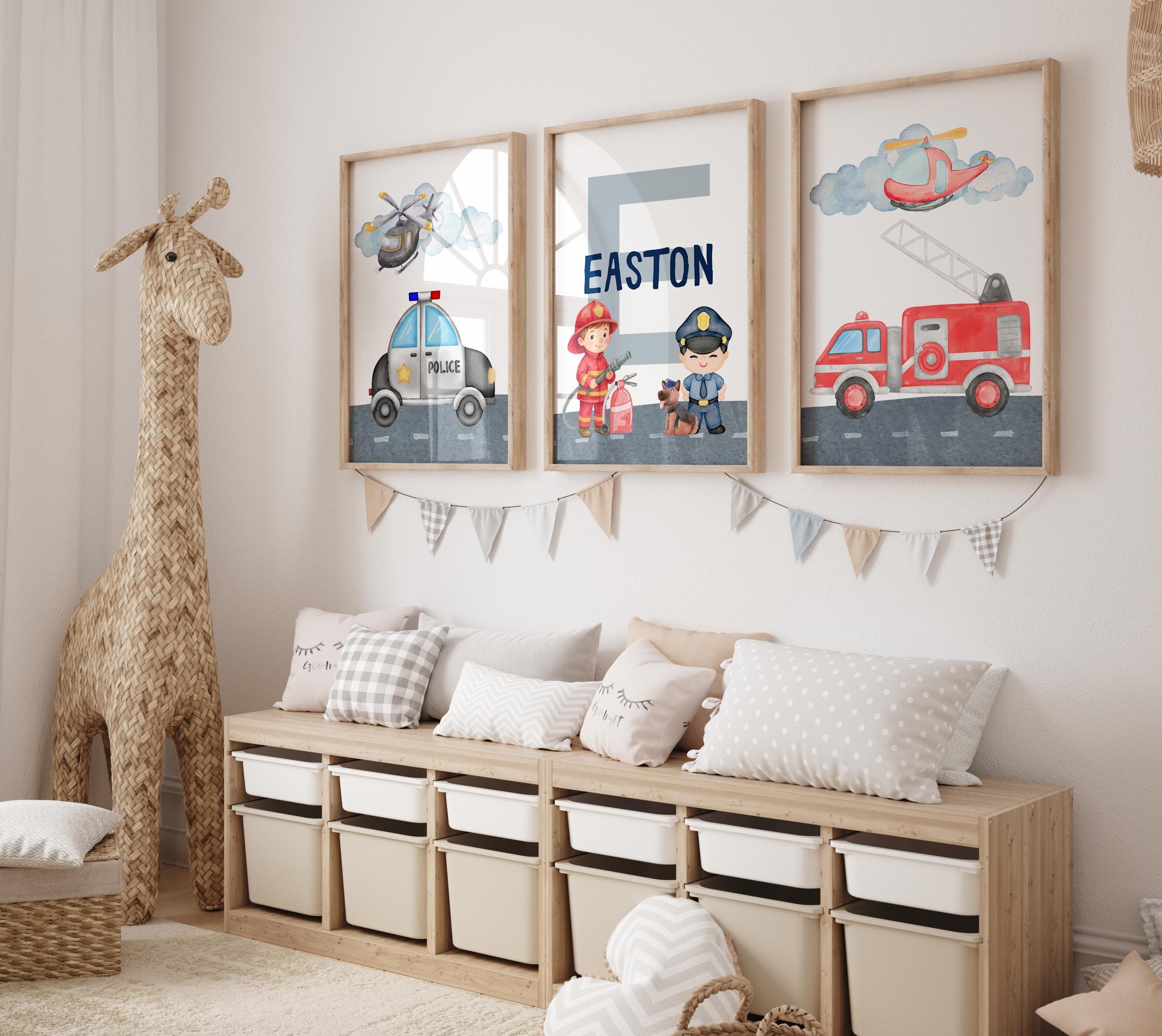 Personalized boys room wall art with fire truck and police car