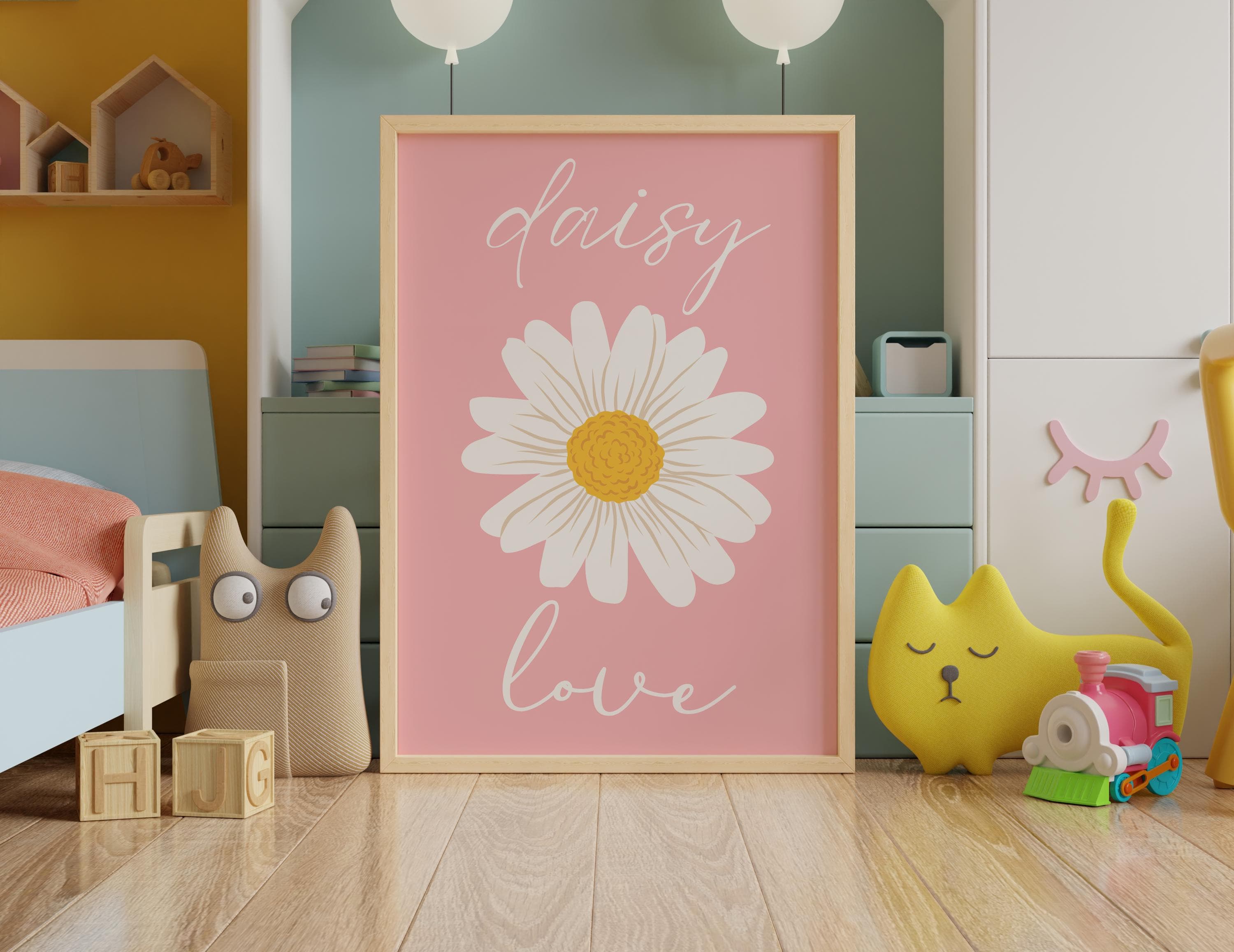Set of 3 daisy digital prints for girls' pink-themed nursery.
