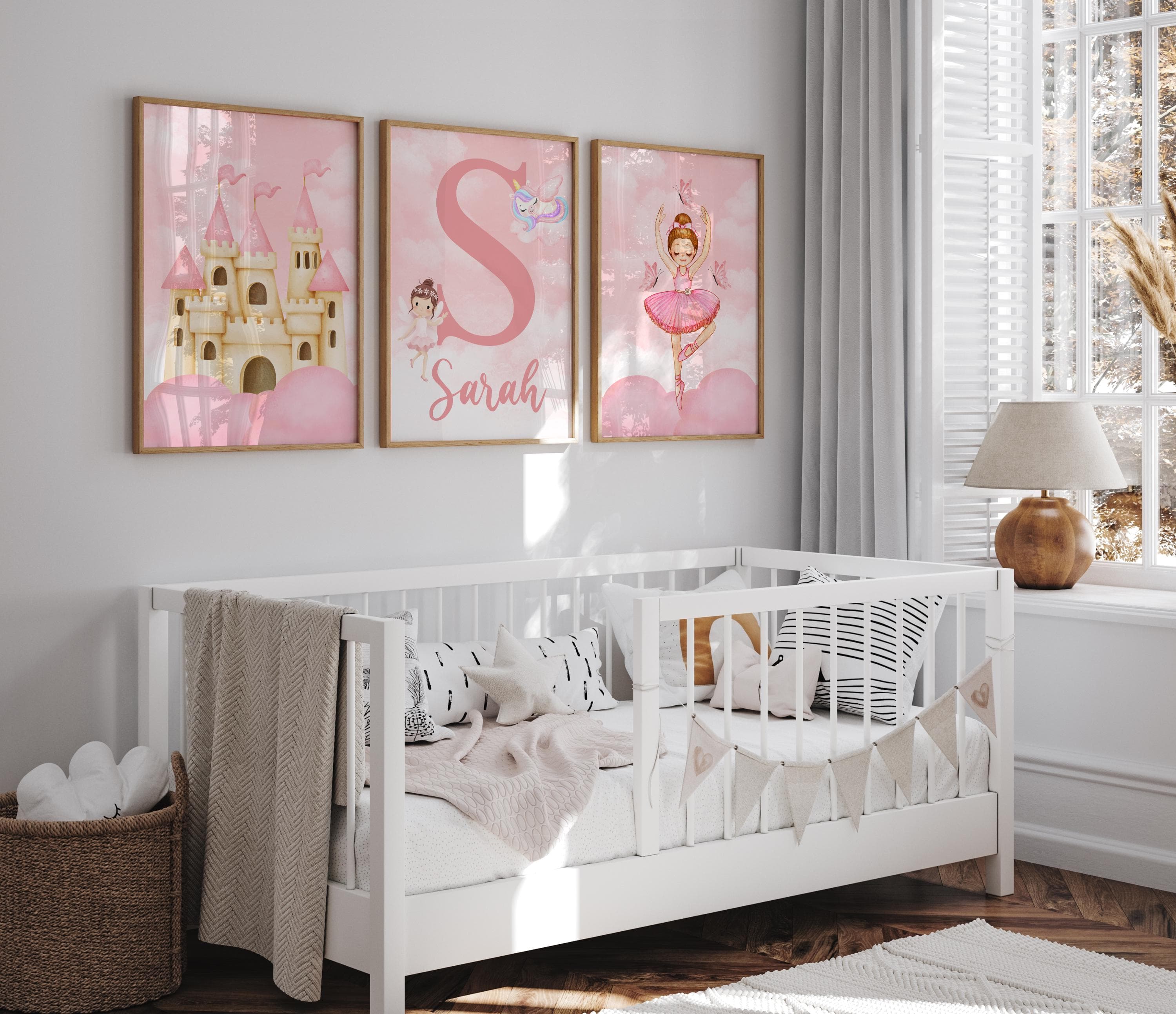 Customizable princess nursery wall art with pink tones.