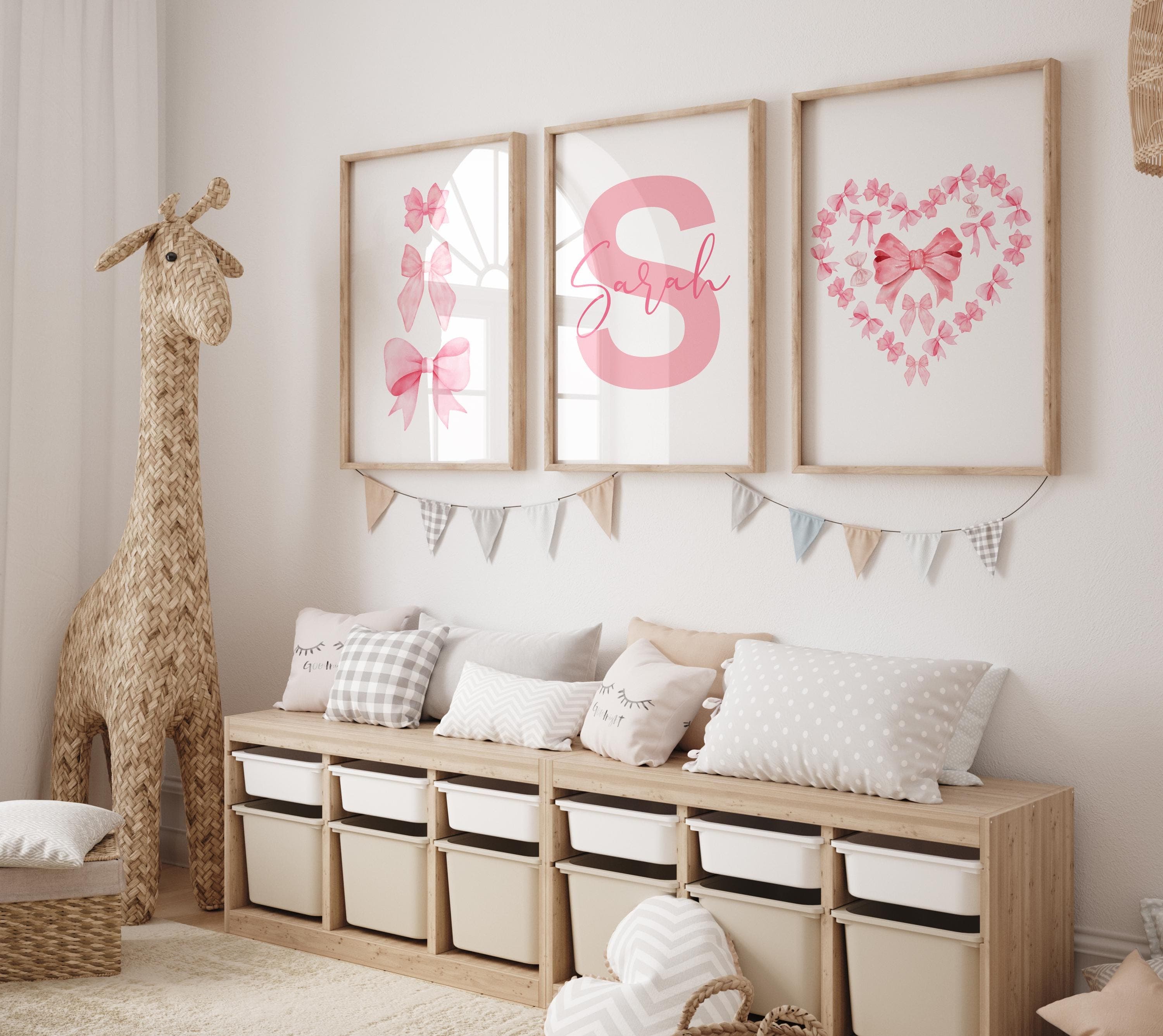 Custom Name Pink Bow Wall Art for Girls Room - Sweet and Modern Nursery Decor with Digital Design, Perfect for Customizable, Pink Nursery