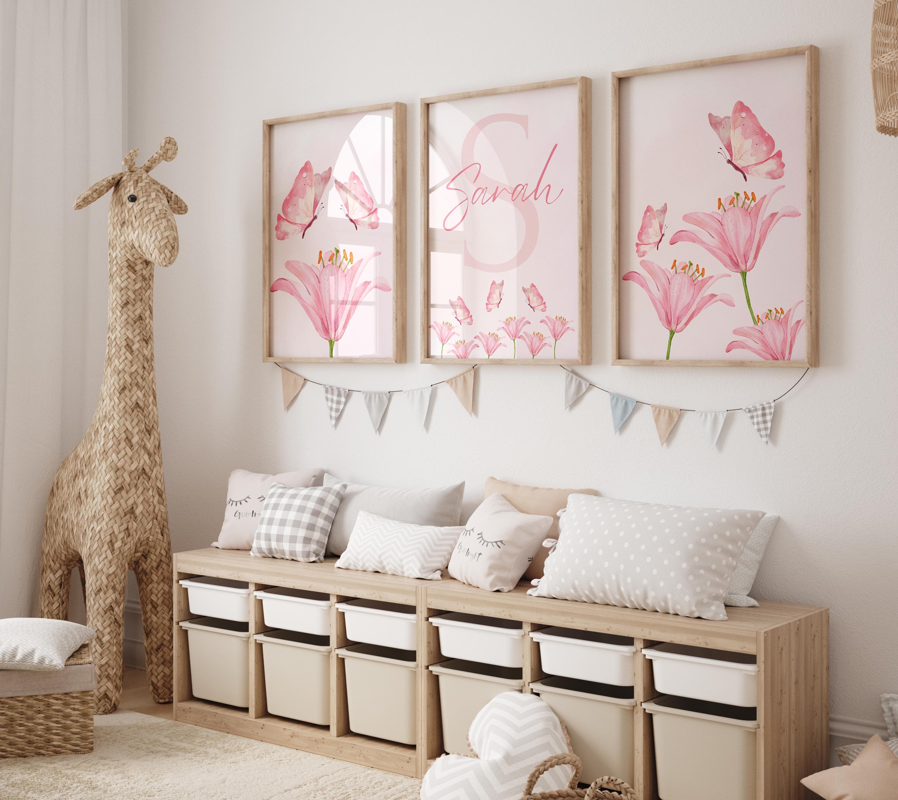 Personalized 3-Piece Pink Watercolor Butterfly & Flower Art Set for Girls' Room - Custom Digital Download - Floral Butterfly Nursery Decor