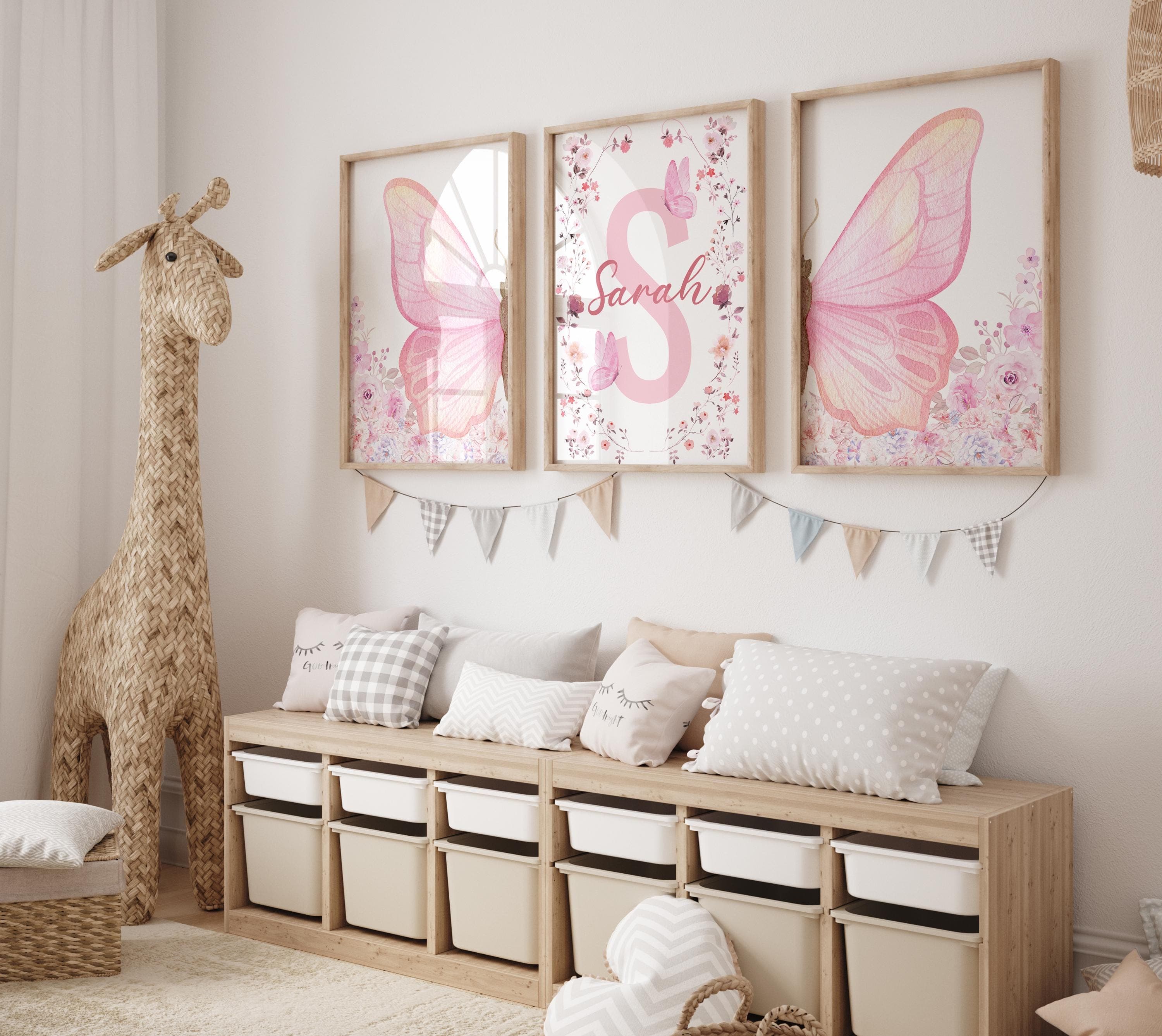 Pink Butterfly Nursery Wall Art for Girls, Custom Name Printable Set of 3, Watercolor Baby Room Decor, Digital Butterfly Art - Pink Nursery