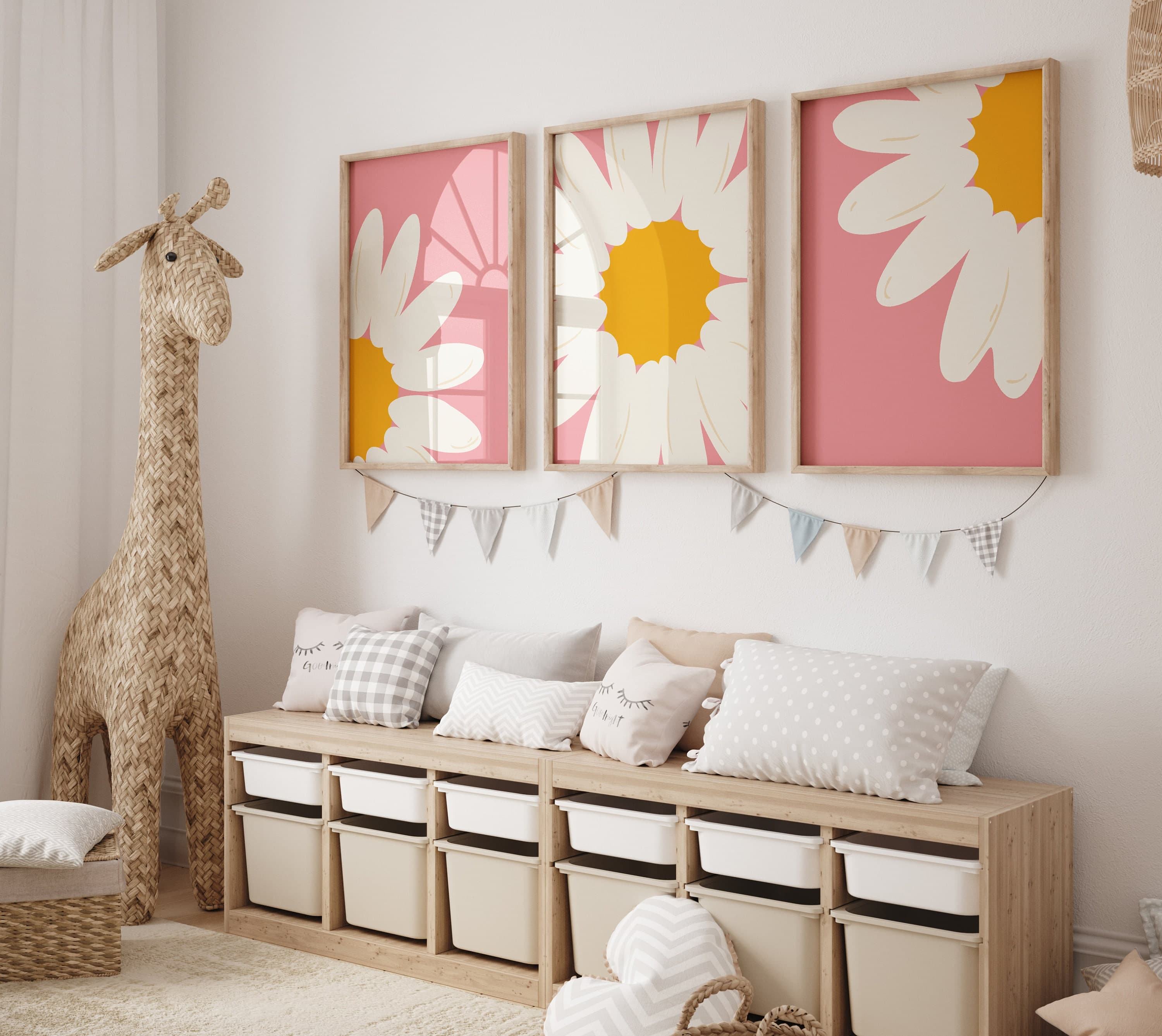 Pink Daisy Wall Art Set for Girls – Watercolor Flower Nursery Decor – 3 Piece Digital Download – Floral Baby Room Poster Printable