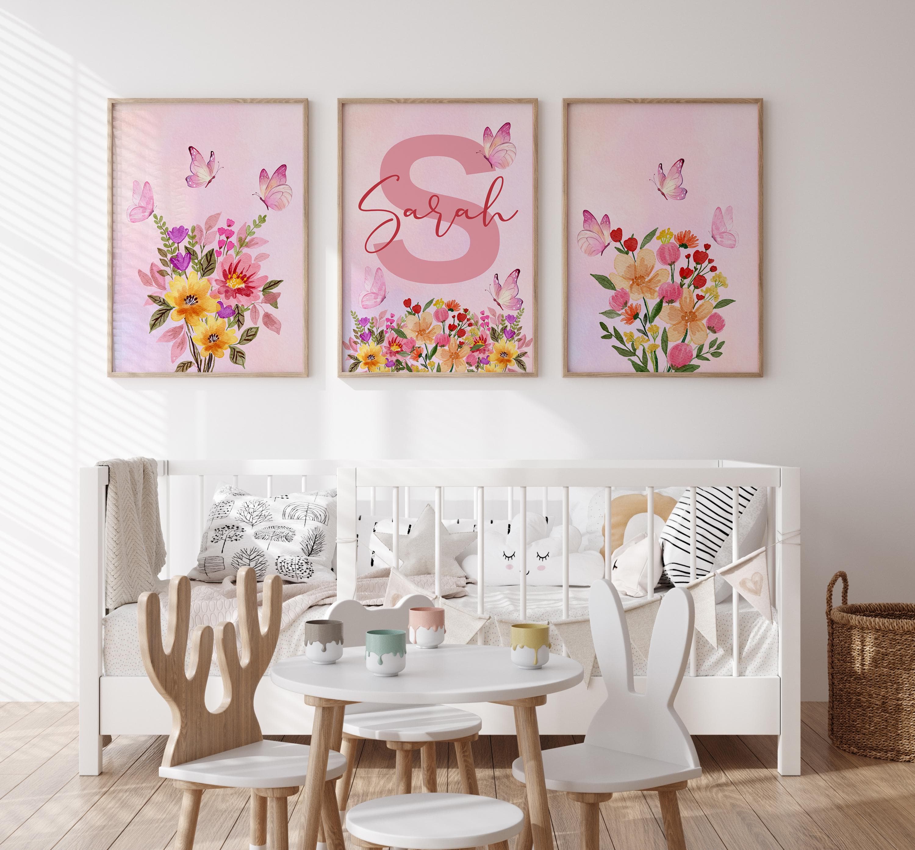 Custom name pink butterfly wall decor for baby girl nurseries.