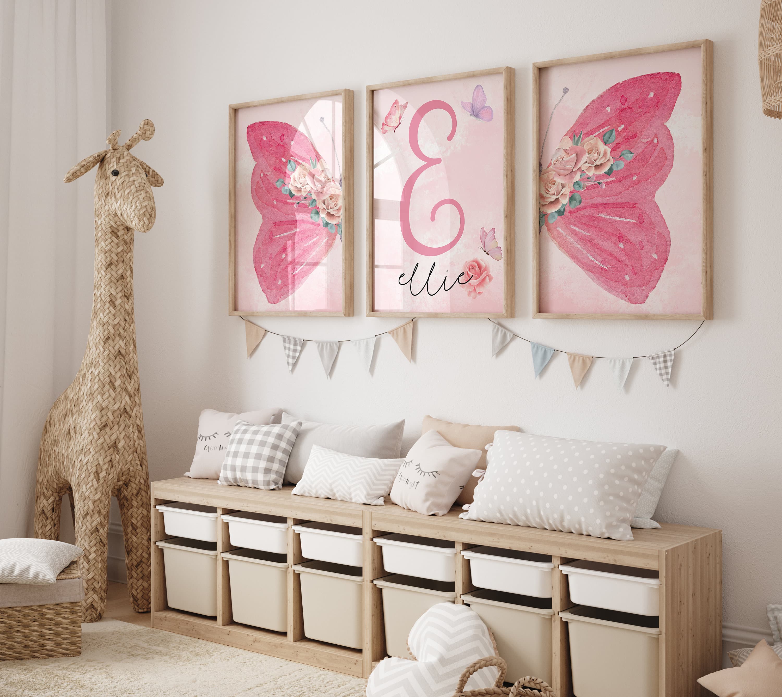 Personalized Nursery Butterfly Print - Pink Digital Wall Art, Sweet Baby Girl Room Decor, Watercolor Butterfly Name Sign, Printable Nursery
