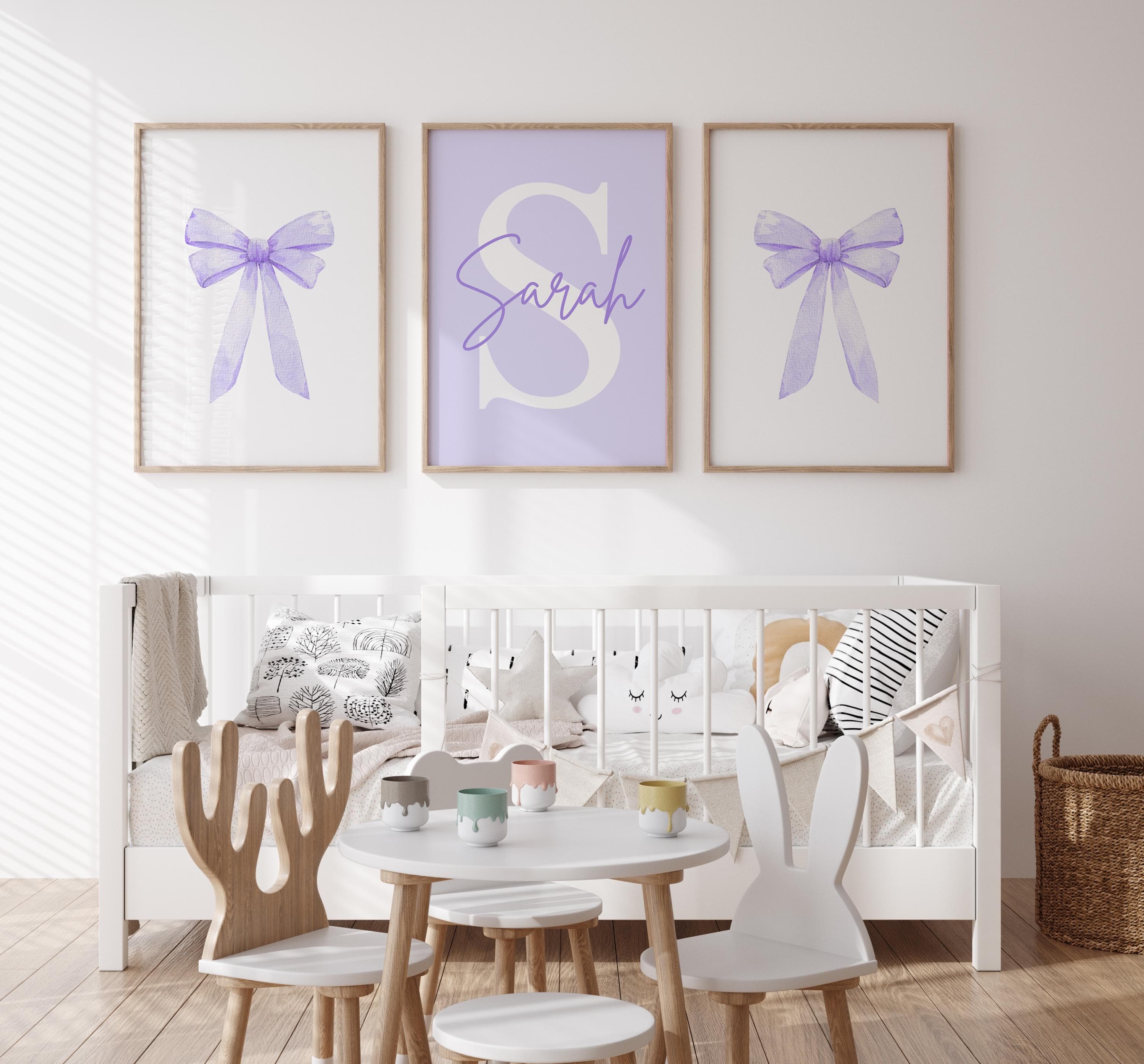 Custom name purple bow 3 piece wall prints