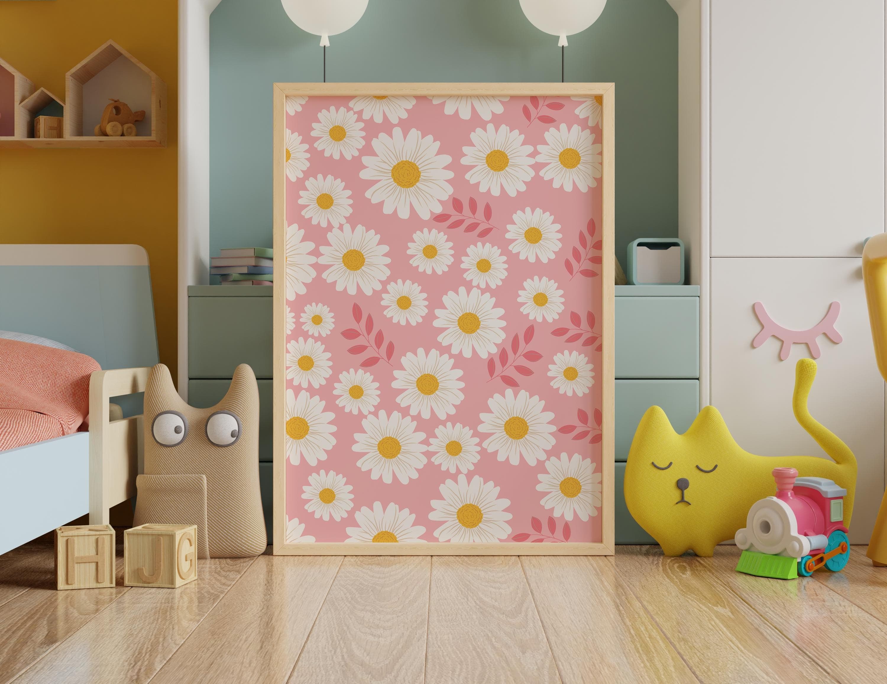 Custom pink floral prints for children’s bedroom decor.