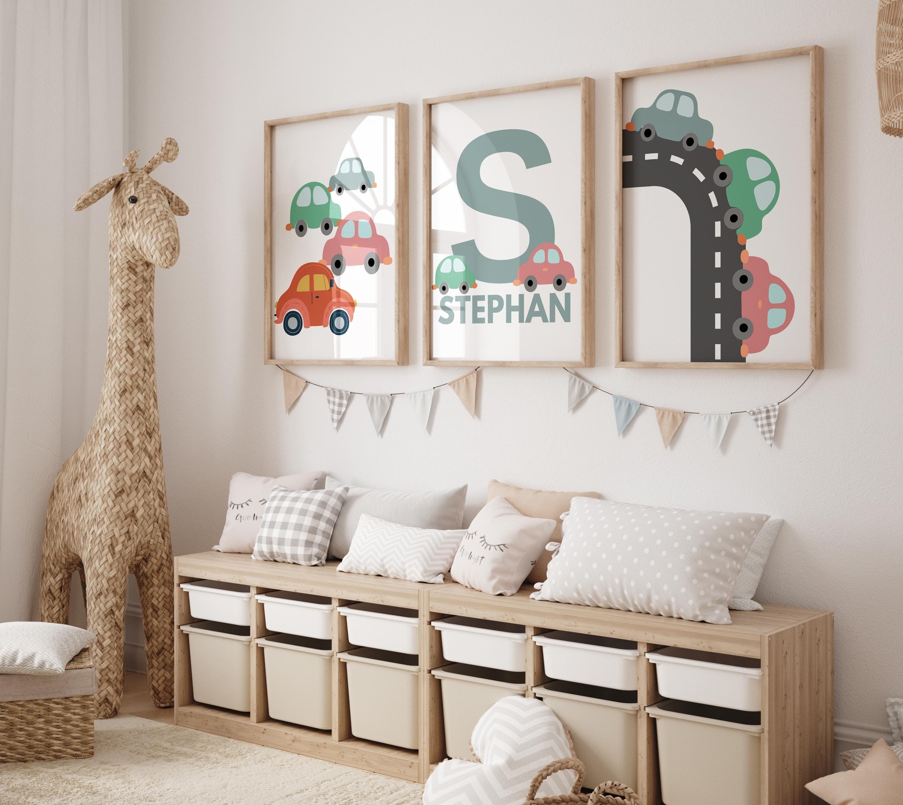Personalized  Sweet Car Wall Art for Boys – 3-Piece Digital Prints for Kids Room | Custom Name Blue Car Decor, Name Sign Car Nursery Decor