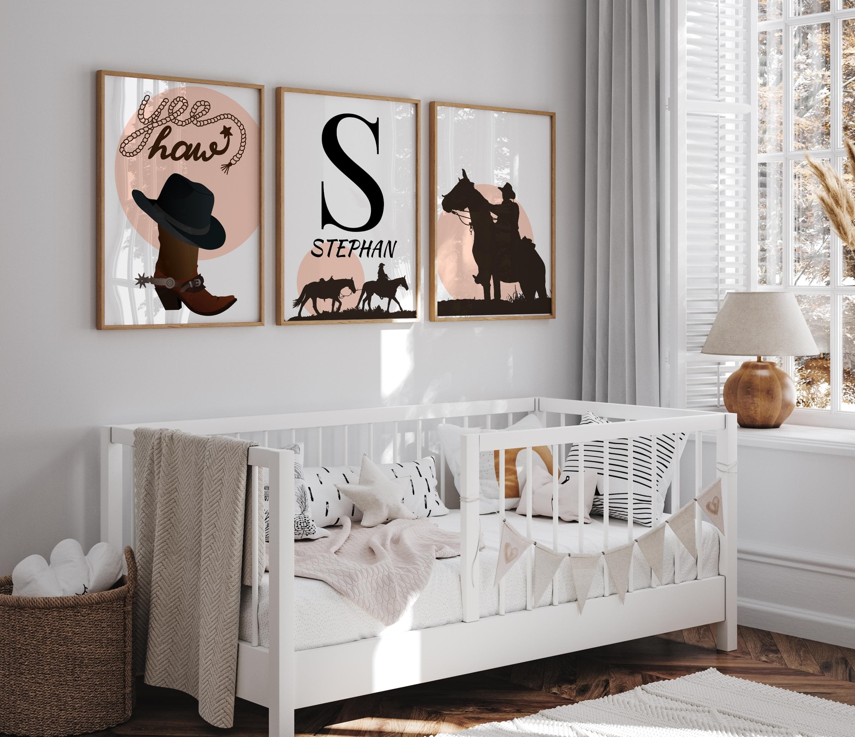 Personalized Wild West room decor featuring horses and cacti.