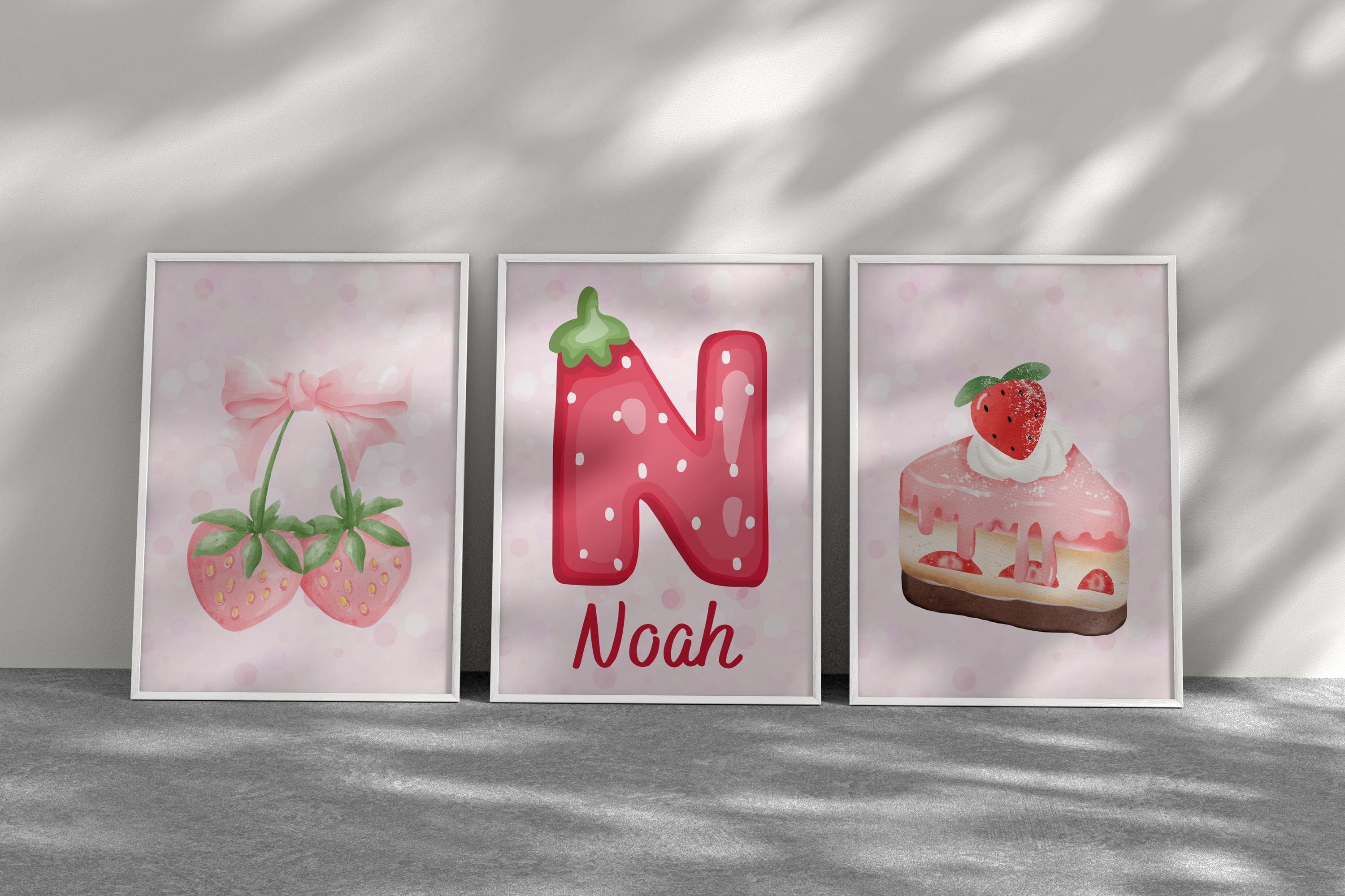 Personalized Strawberry Cake Pink Wall Art Set for Girls' Room – 3-Piece Digital Download | Cute & Fun Decor for Kids' Rooms - Strawberry - image 3