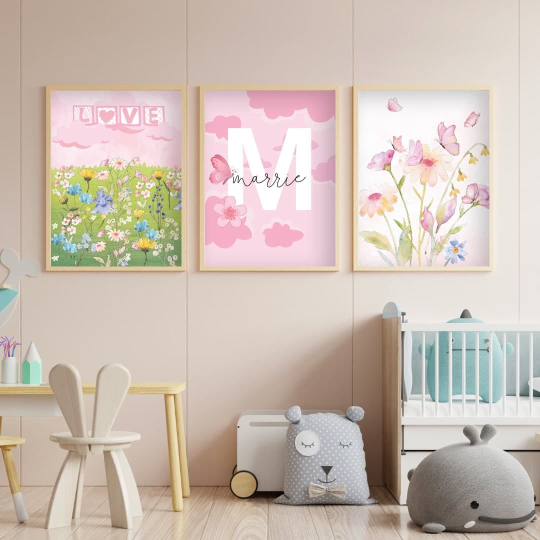 Personalized Flower Garden Digital Print, Flower Wall Art, Watercolor Flower Digital, Babygirl Bedroom Decor, Pink Nursery Decor, Flower - image 3