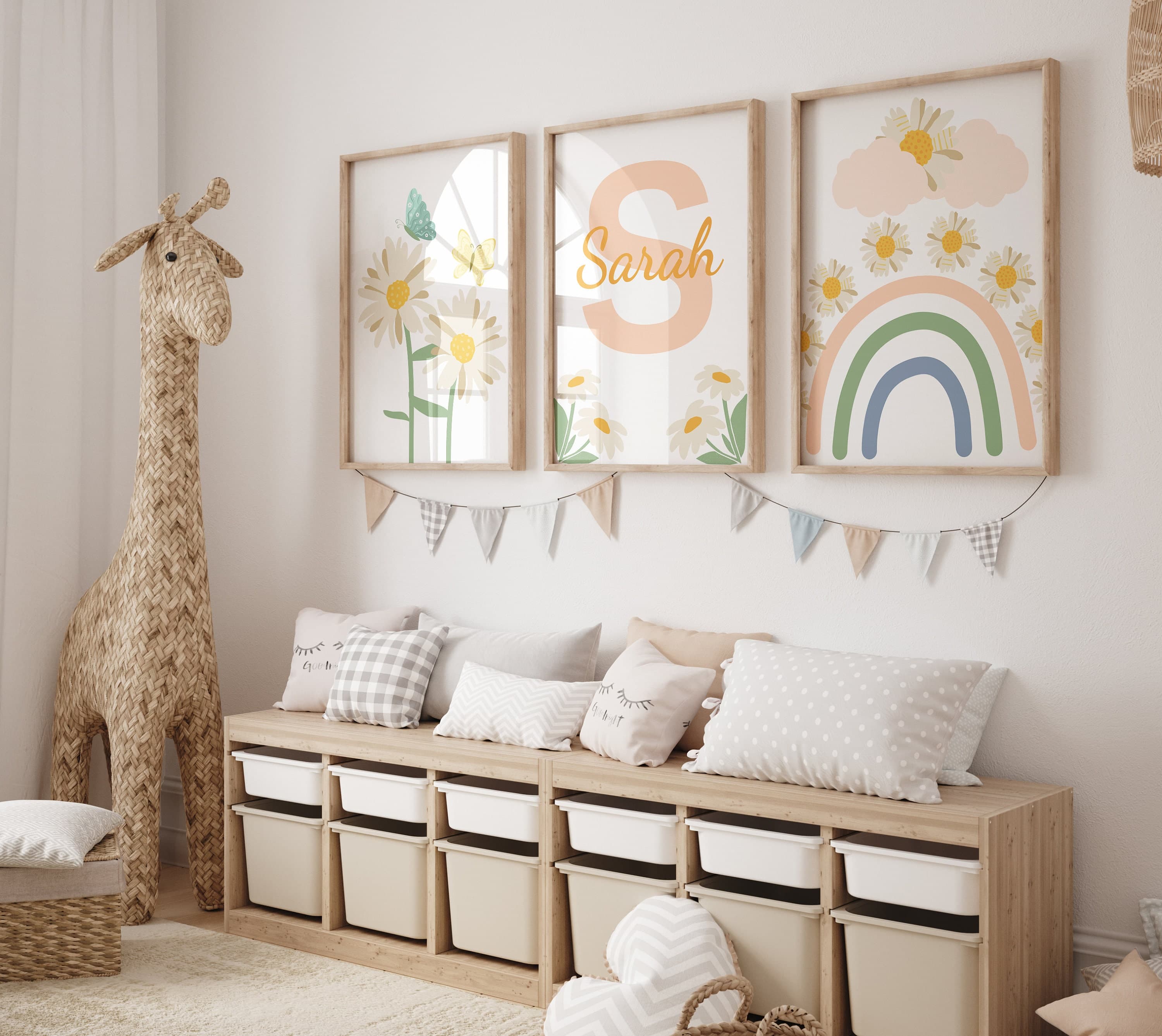 Custom Name Daisy Nursery Wall Art , Set of 3 Daisy Babygirl Room Decor, Rainbow Nursery Decor, Set of 3 Rainbow and Flower Digital  Print