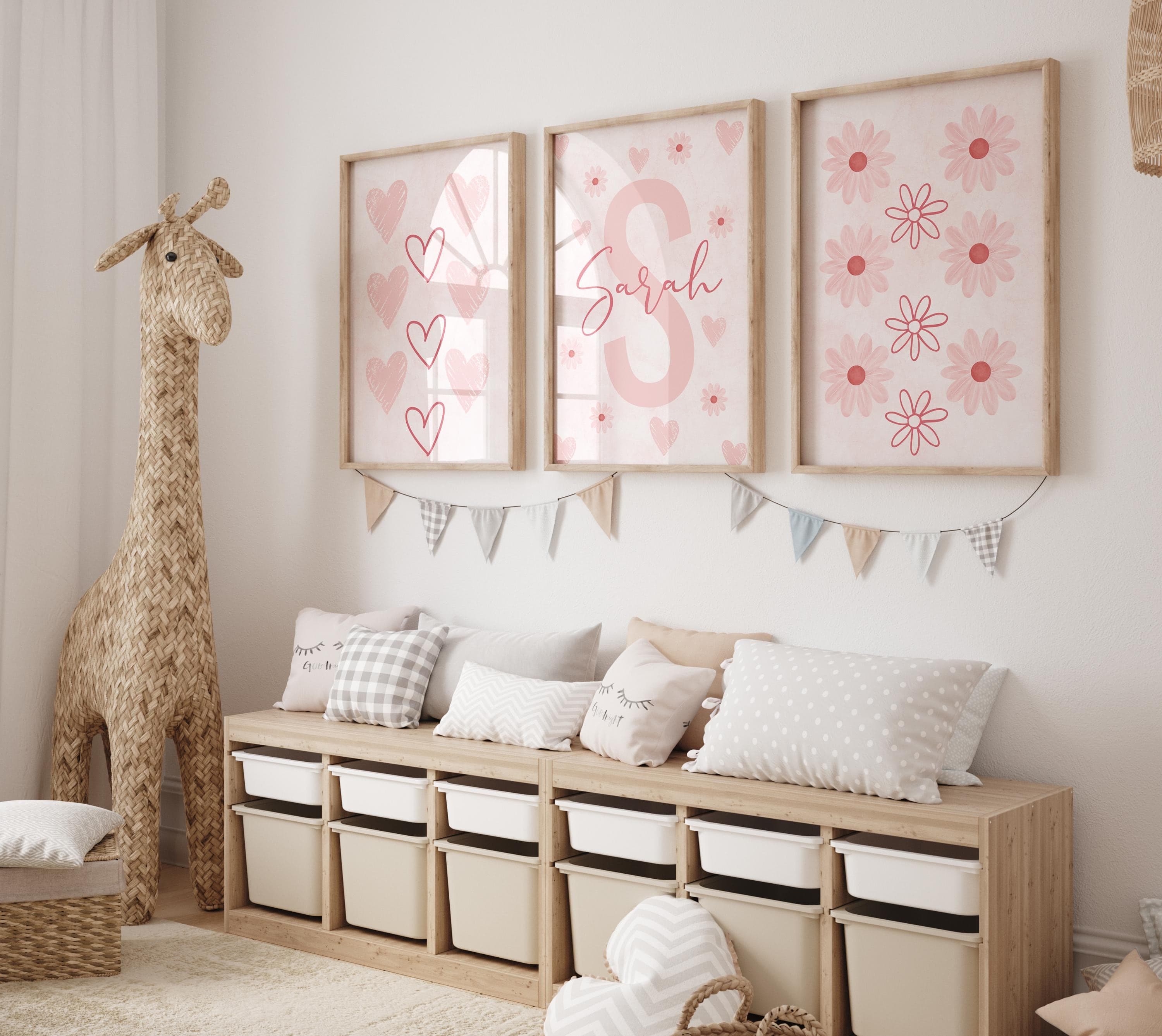 Personalized Pink Heart Daisy Wall Art • Floral Nursery Prints • 3 Piece Girl Room Decor • Custom Name Printable Set