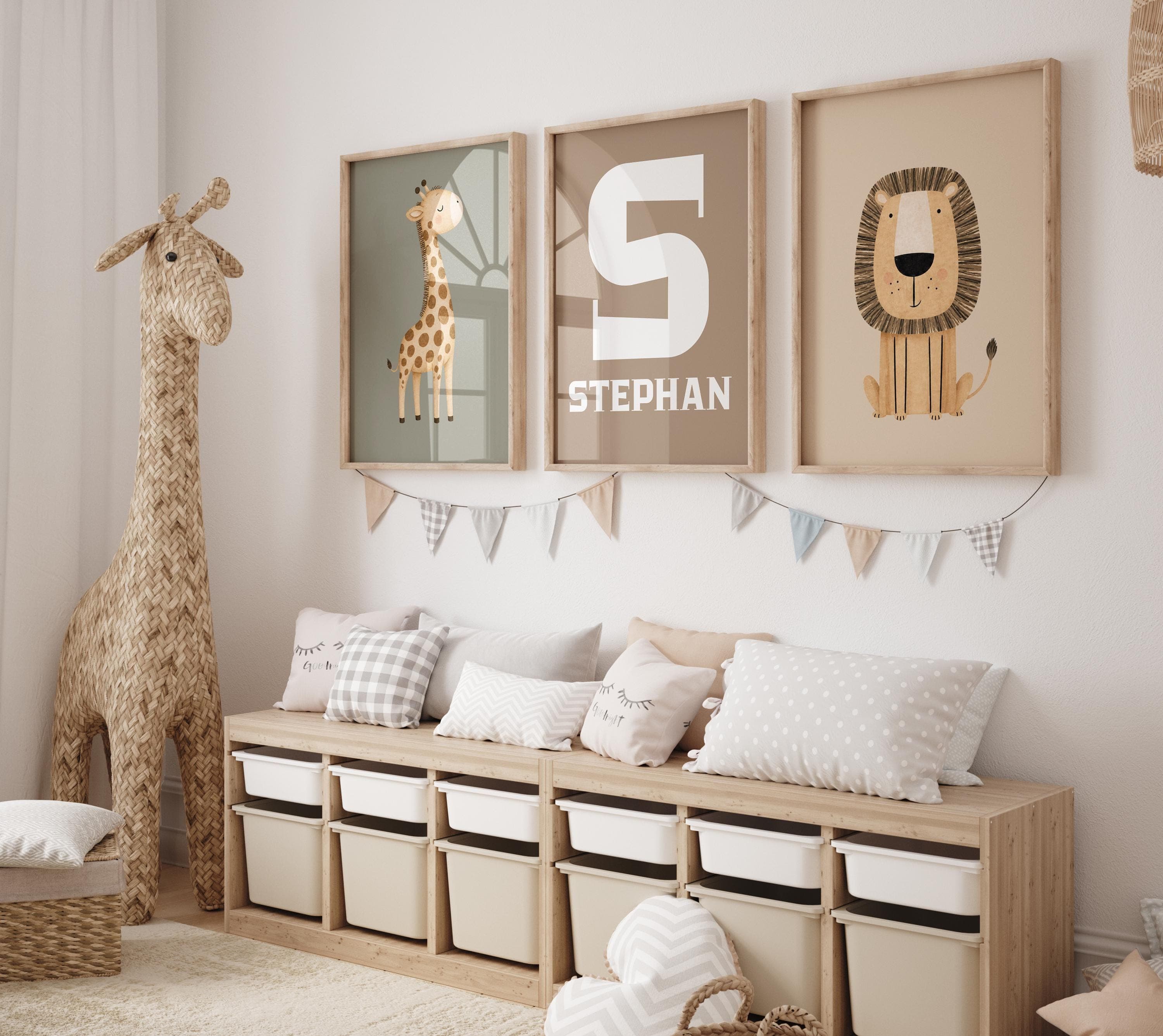 Personalized Safari Nursery Wall Art Set of 3, Giraffe Lion Name Print, Neutral Baby Boy Room Decor, Custom Initial Poster