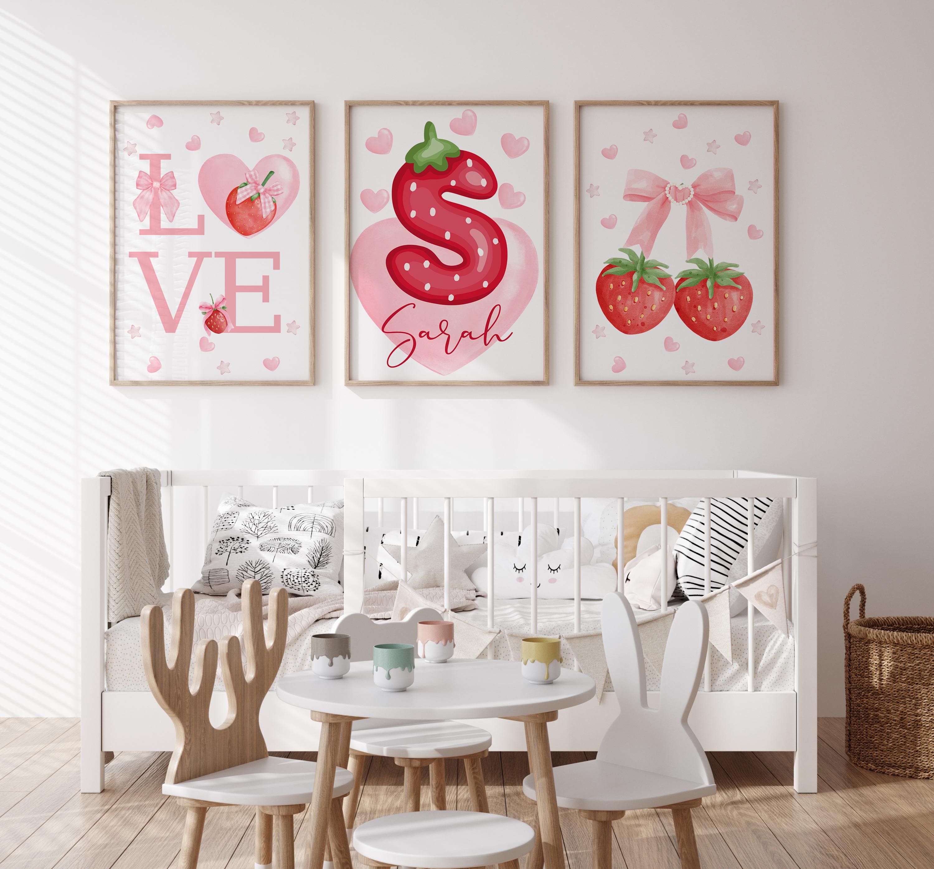 Custom name strawberry and bow-themed wall decor set for girls room