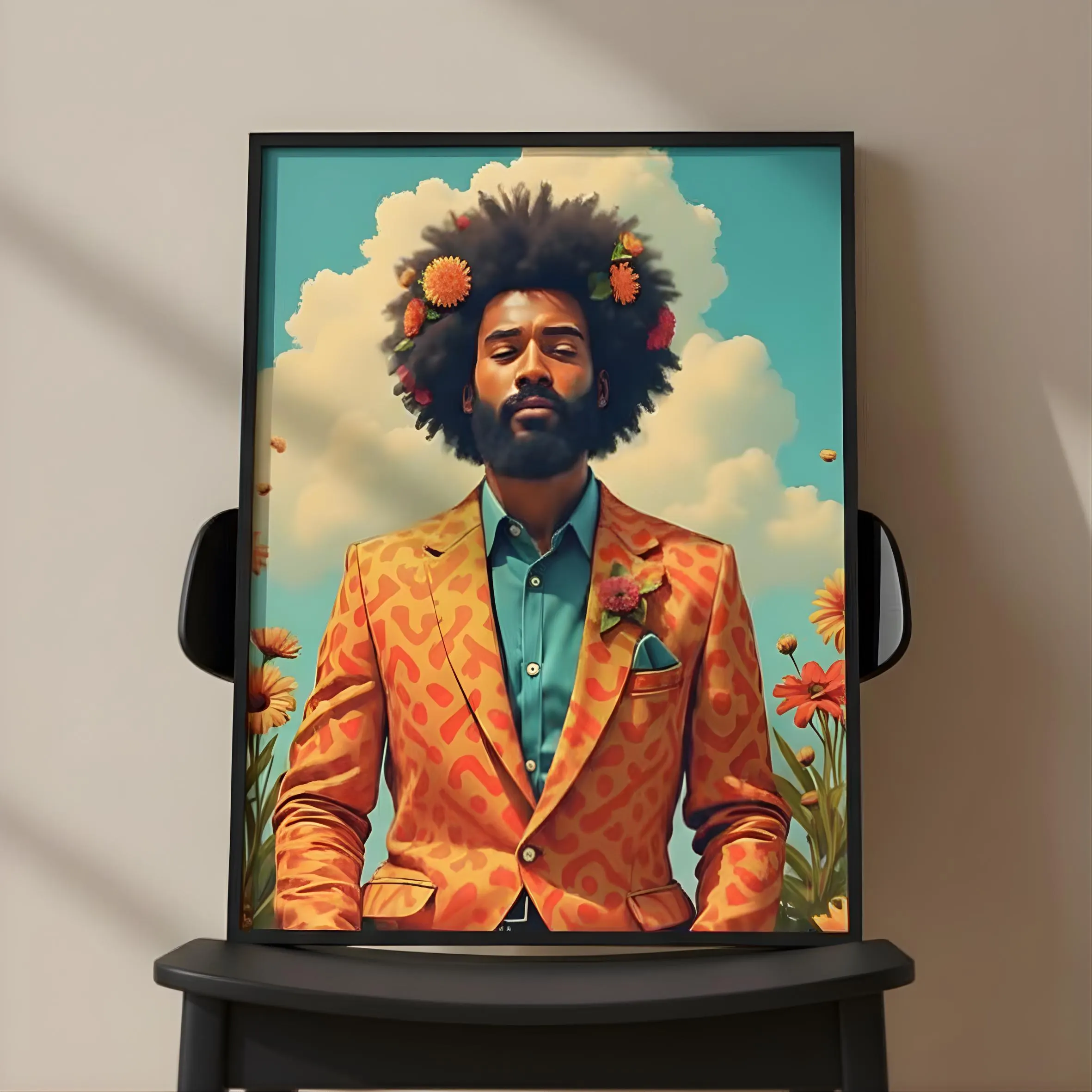 Afrocentric Man Wall Art, Floral Afro Portrait Print, Above Bed Decor, Gift for Him