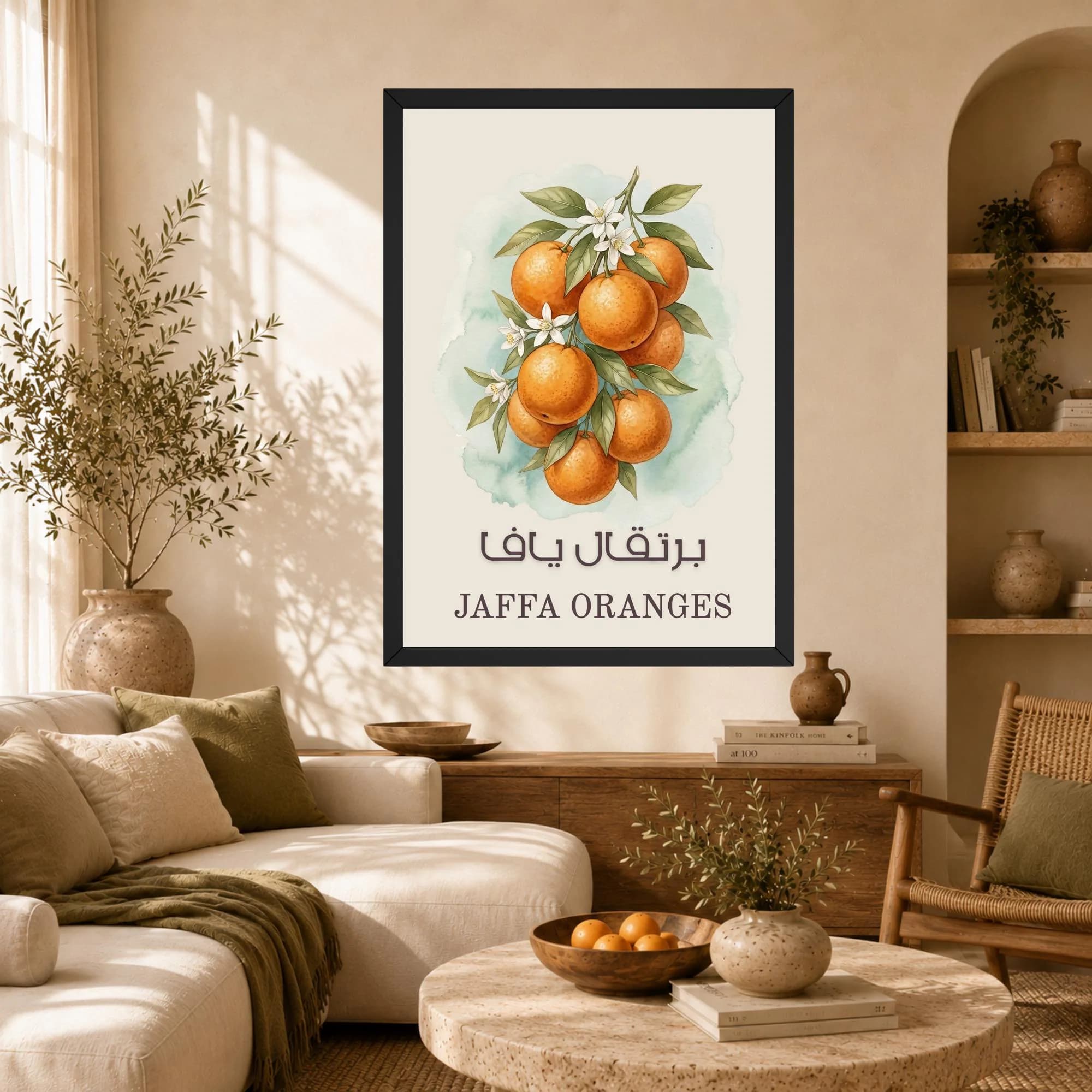 Elegant Mediterranean living room with framed Palestinian Jaffa Oranges print above a neutral linen sofa