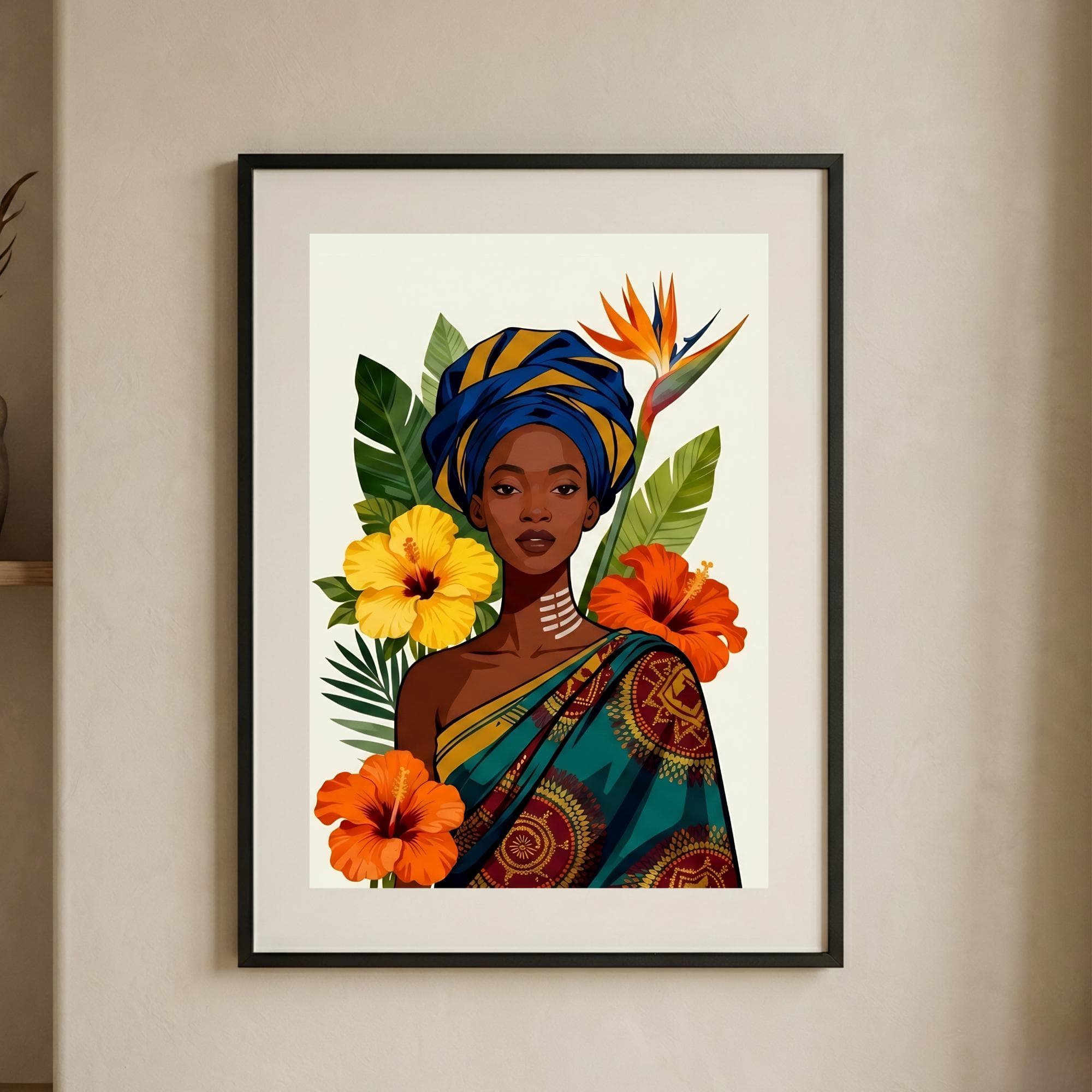 Modern African Woman Heritage Portrait Afrocentric Botanical Illustration Black Cultural Identity Home