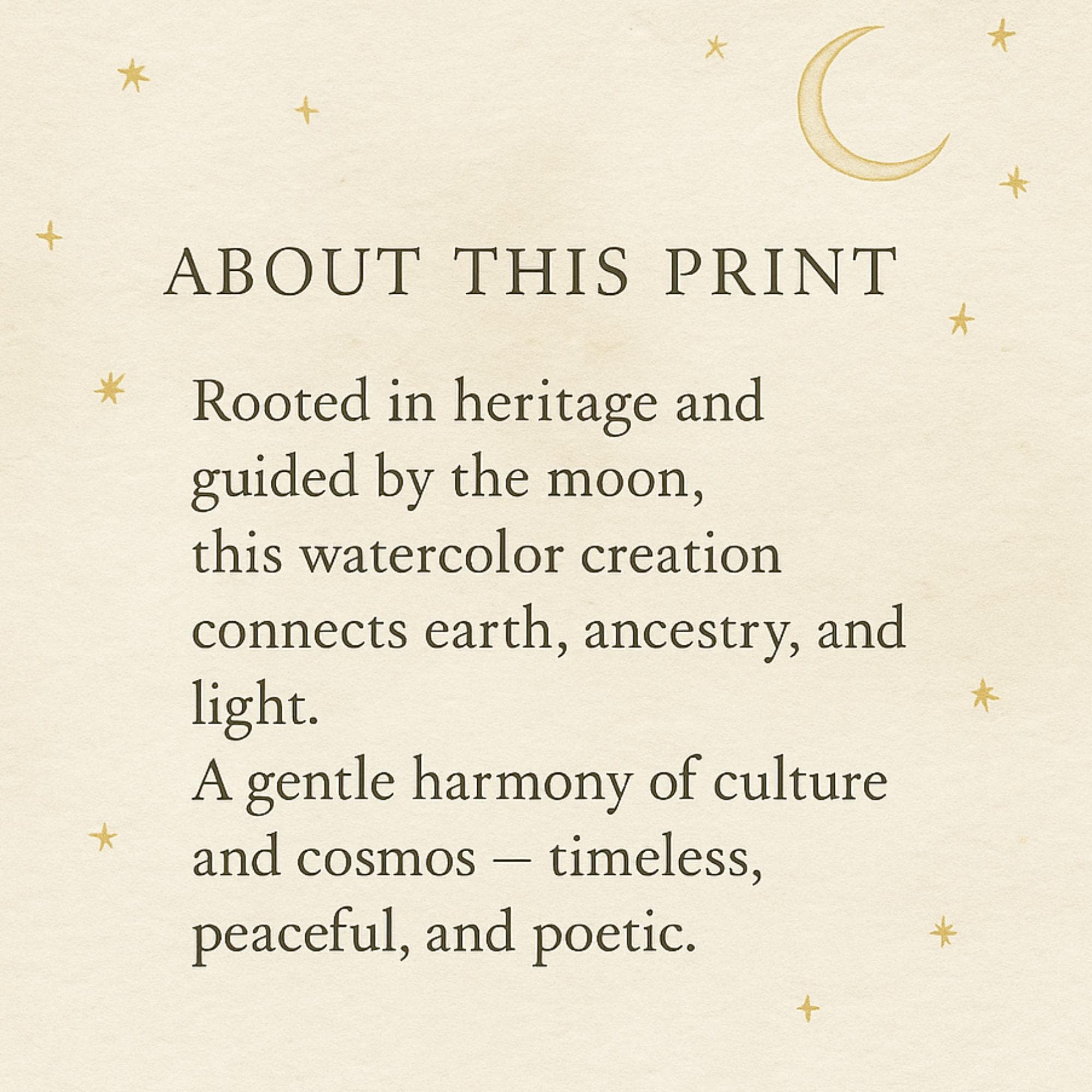 About this print — watercolor olive tree of life under golden moon with Palestinian tatreez motifs, celestial boho heritage wall art