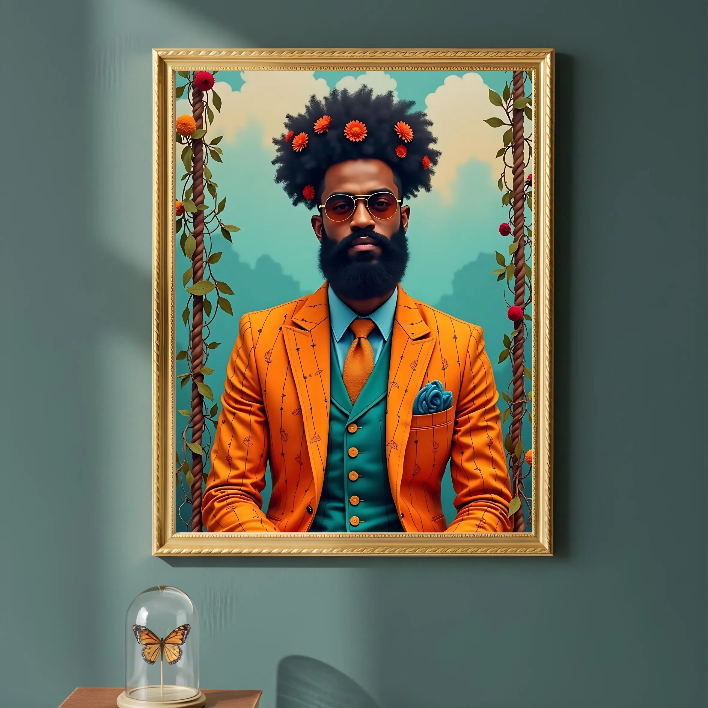 Black man in vibrant orange suit, bold Afrocentric portrait art print, warm earthy background, digital download flat lay