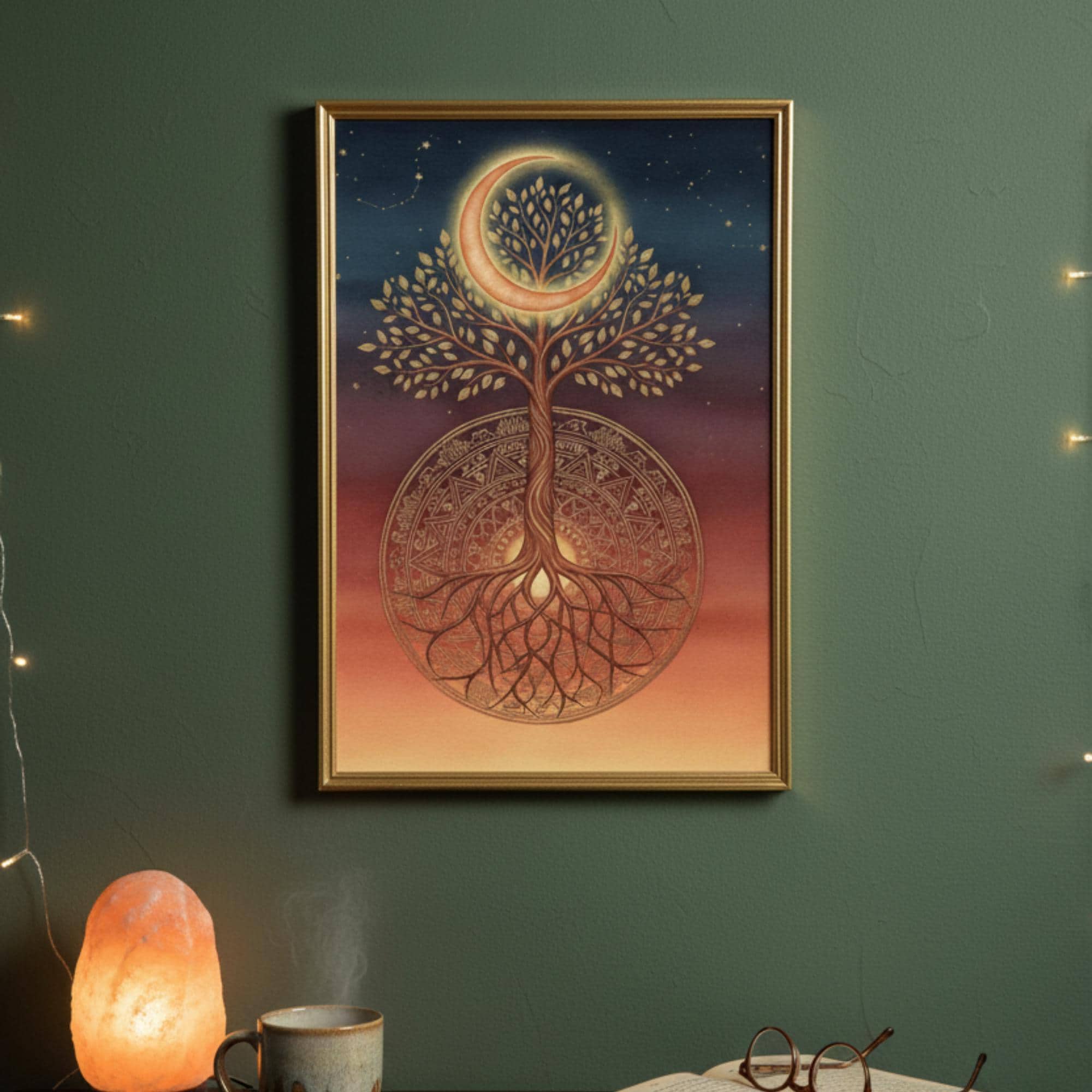 Burgundy and gold celestial wall art, fine art printable.